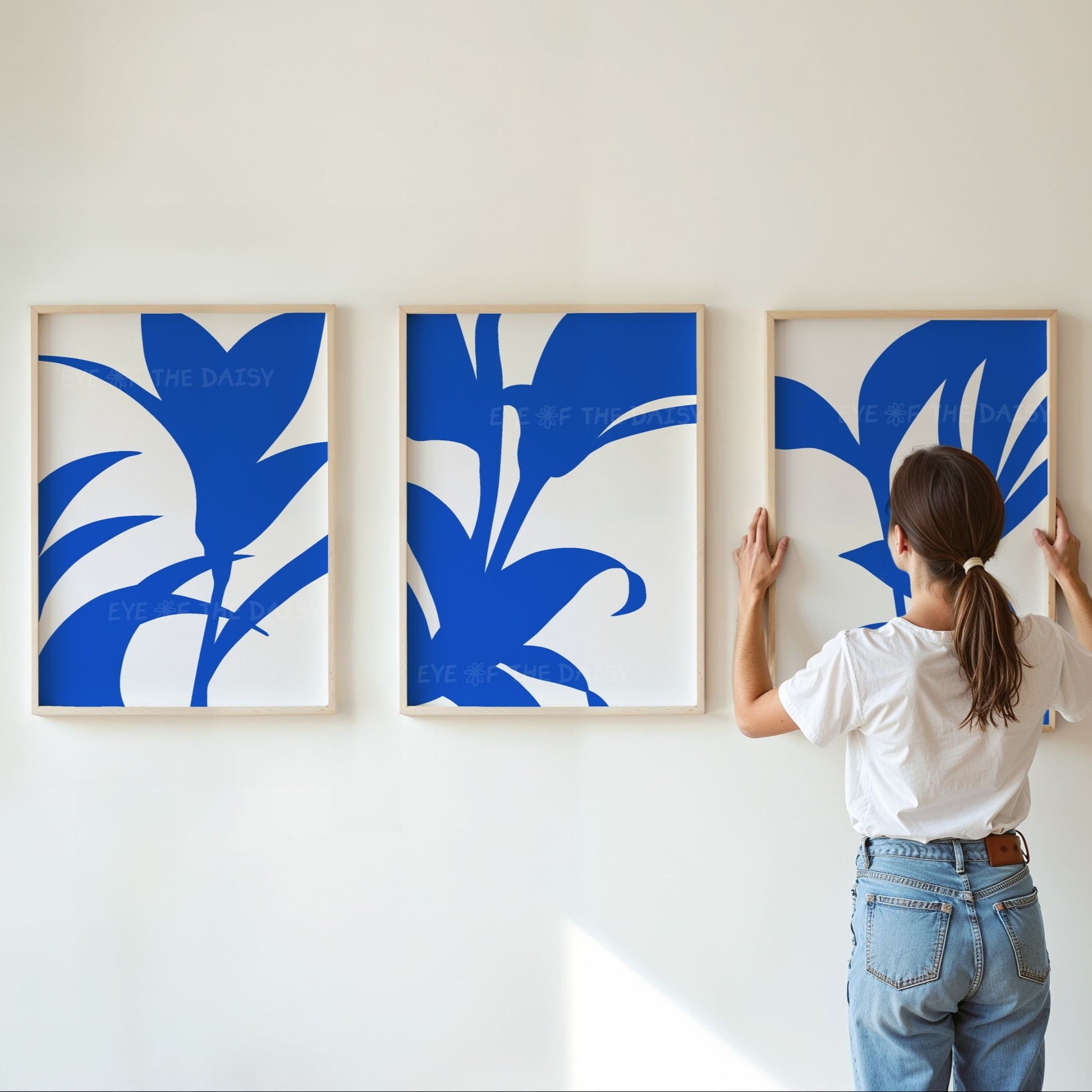 Modern botanical leaf art prints in bright blue, instant digital download for serene beach rental wall decor, DIY printable art