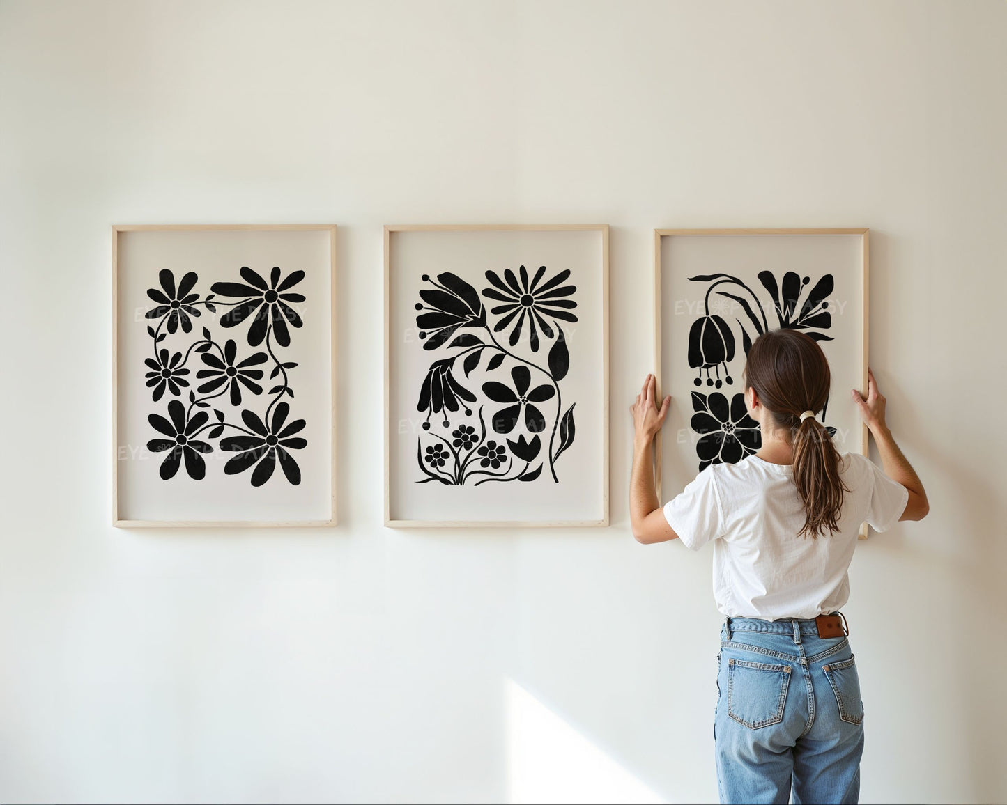 Minimalist botanical print set of 3 – black floral cut-outs on beige, digital download wall art for modern neutral home office decor
