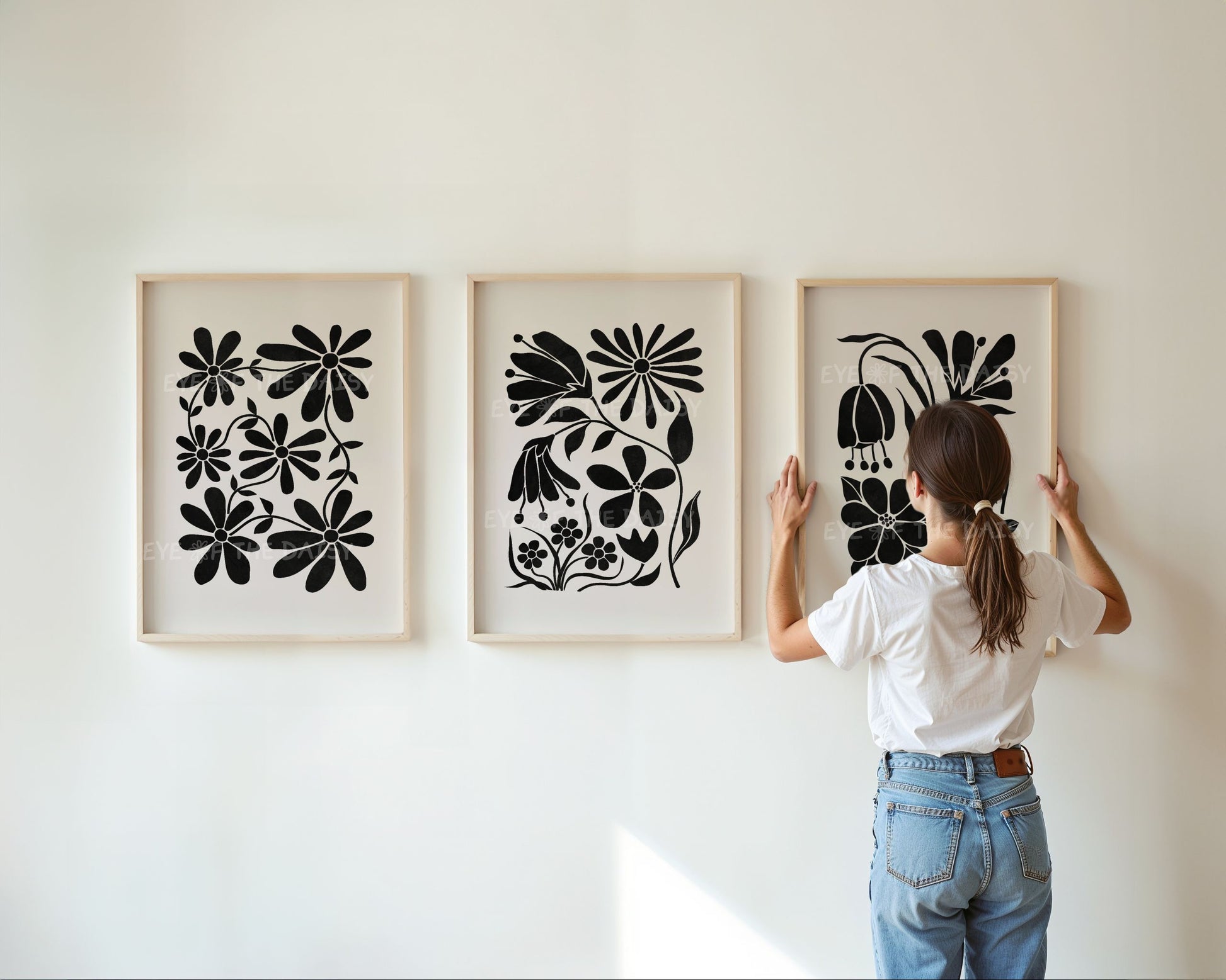 Minimalist botanical print set of 3 – black floral cut-outs on beige, digital download wall art for modern neutral home office decor