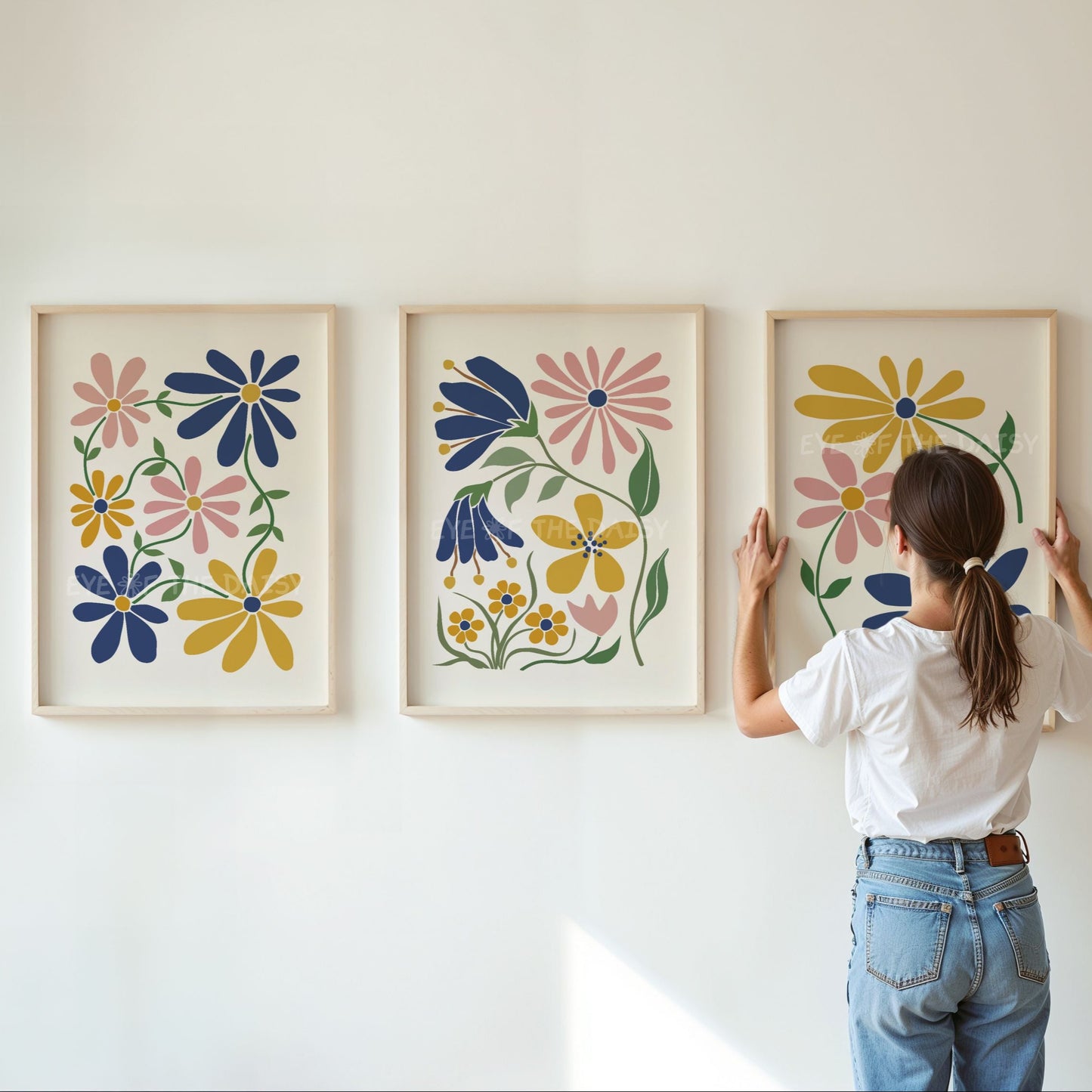 Abstract botanical poster set of 3 with chic muted colours and stylized floral designs in mustard, navy blue and dusty rose