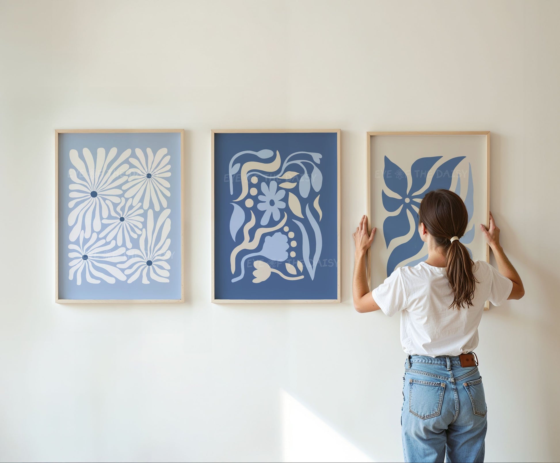 Abstract floral print set of 4 – navy and beige botanical cut-out organic shapes printable wall art for children’s room decor