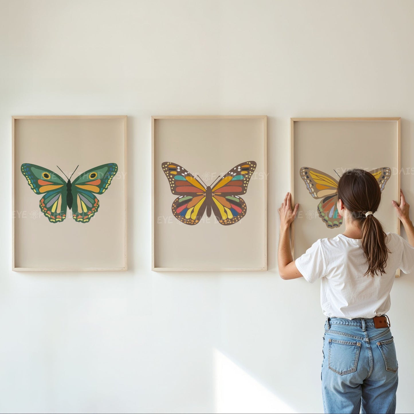 Butterfly print set of three – neutral boho chic wall art in beige, brown and pink, printable download for nursery or cottage wall