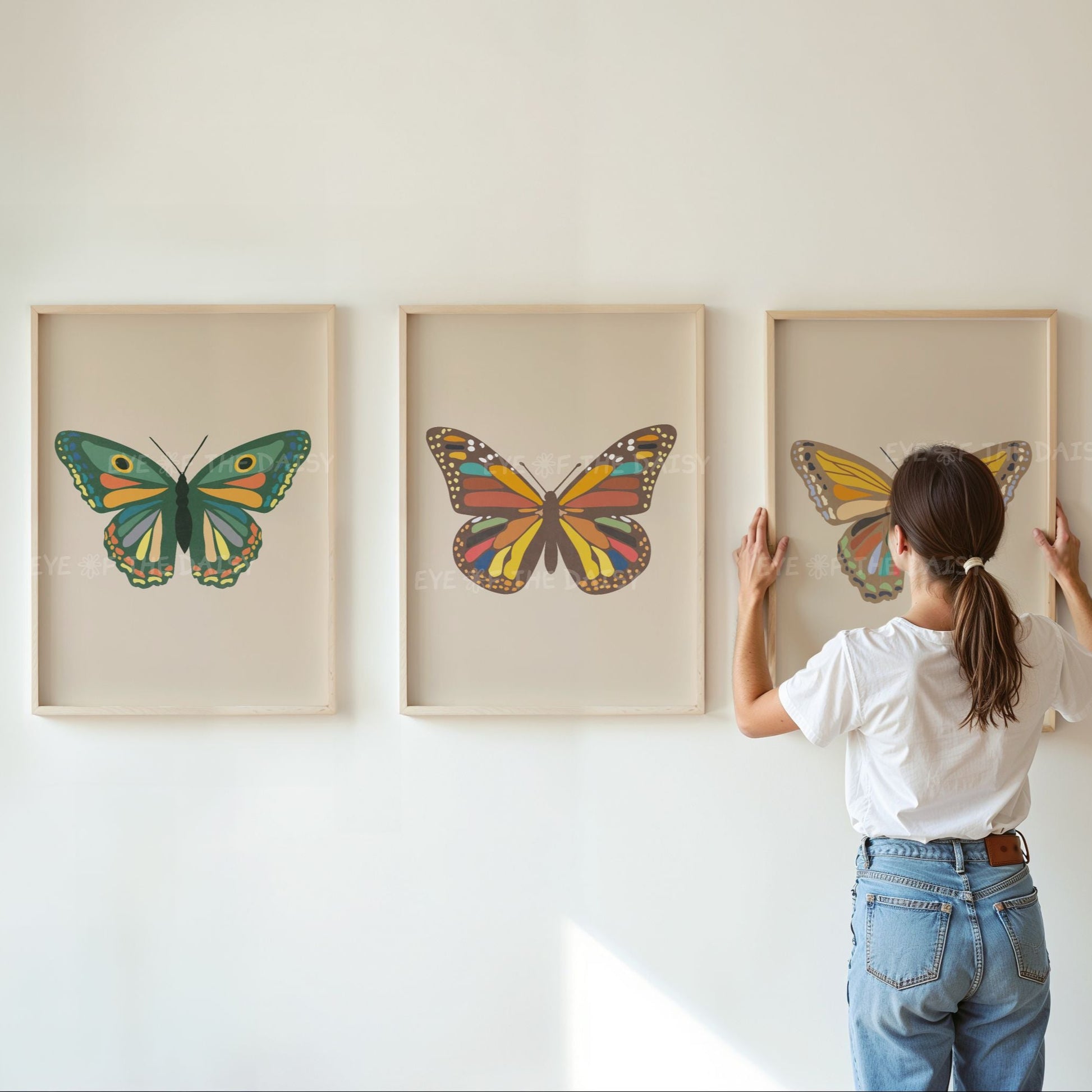 Butterfly print set of three – neutral boho chic wall art in beige, brown and pink, printable download for nursery or cottage wall