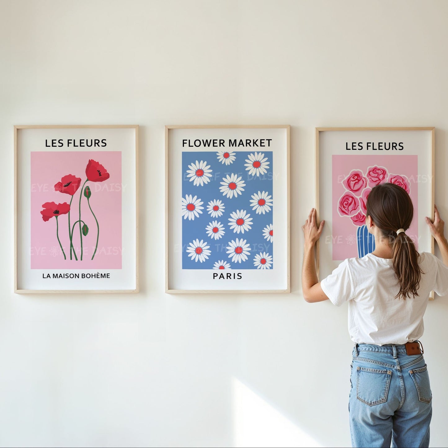 Maximalist botanical printable poster set of 3 — red, pink and royal blue Les Fleurs prints, digital download perfect for eclectic living rooms