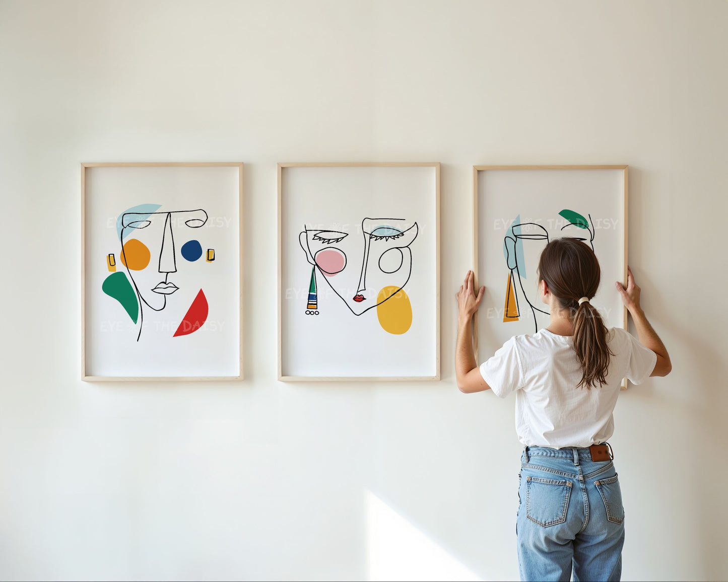 Eclectic face line art triptych in black and color, abstract print download perfect for bedroom gallery wall or bold decor style