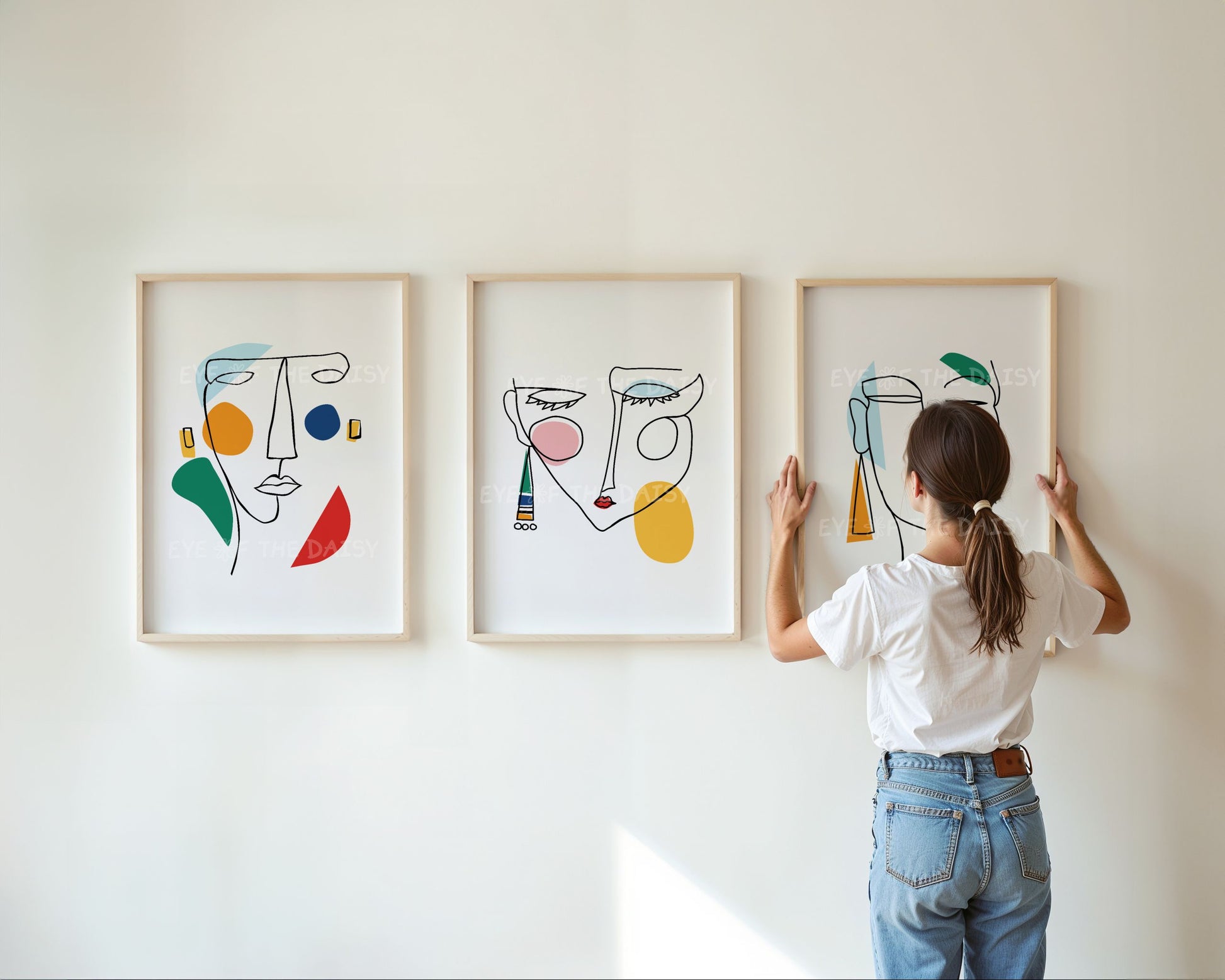 Eclectic face line art triptych in black and color, abstract print download perfect for bedroom gallery wall or bold decor style