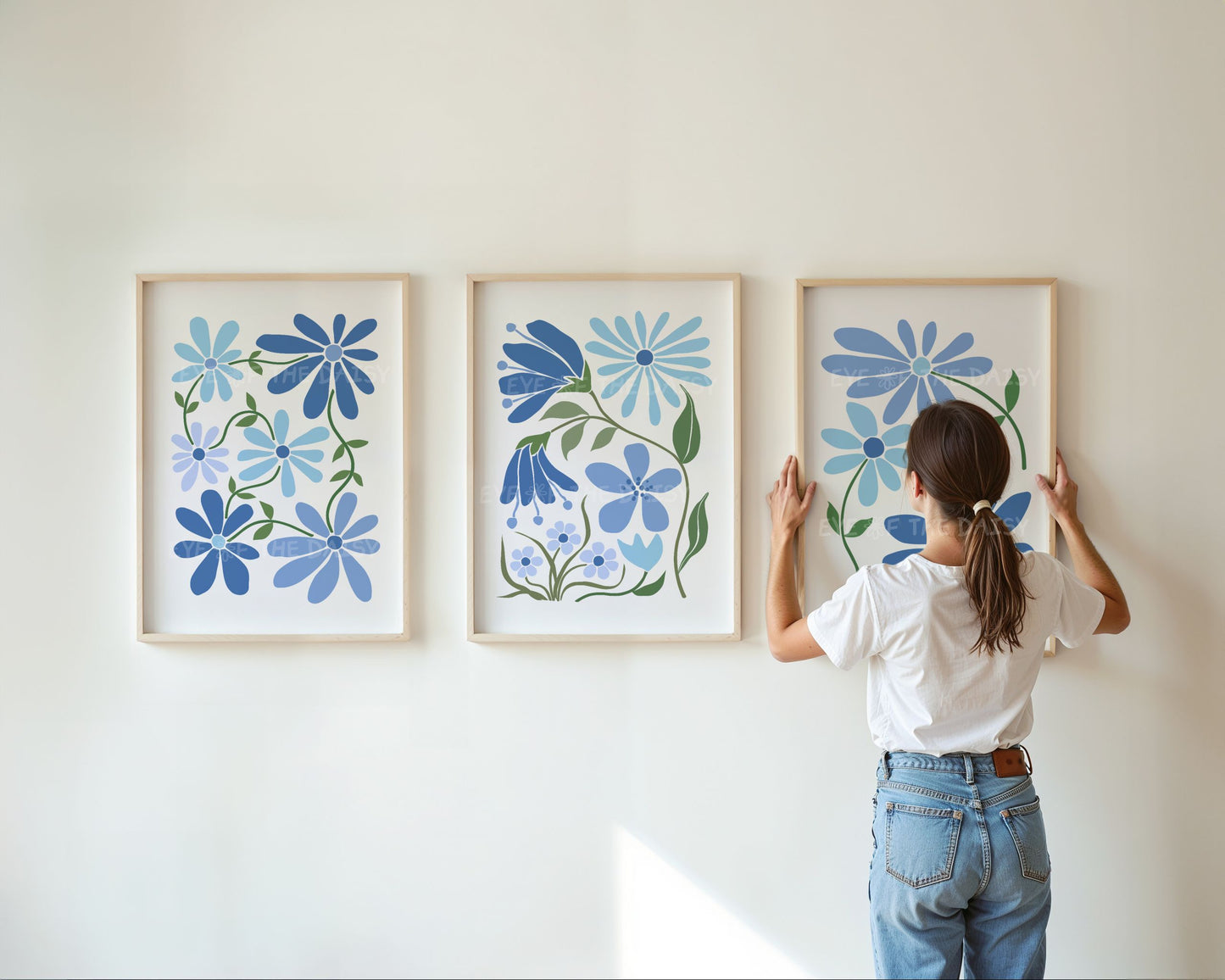 Blue abstract flowers printable wall art print set of 3, cute floral wall decor for trendy dorm room or boho living room