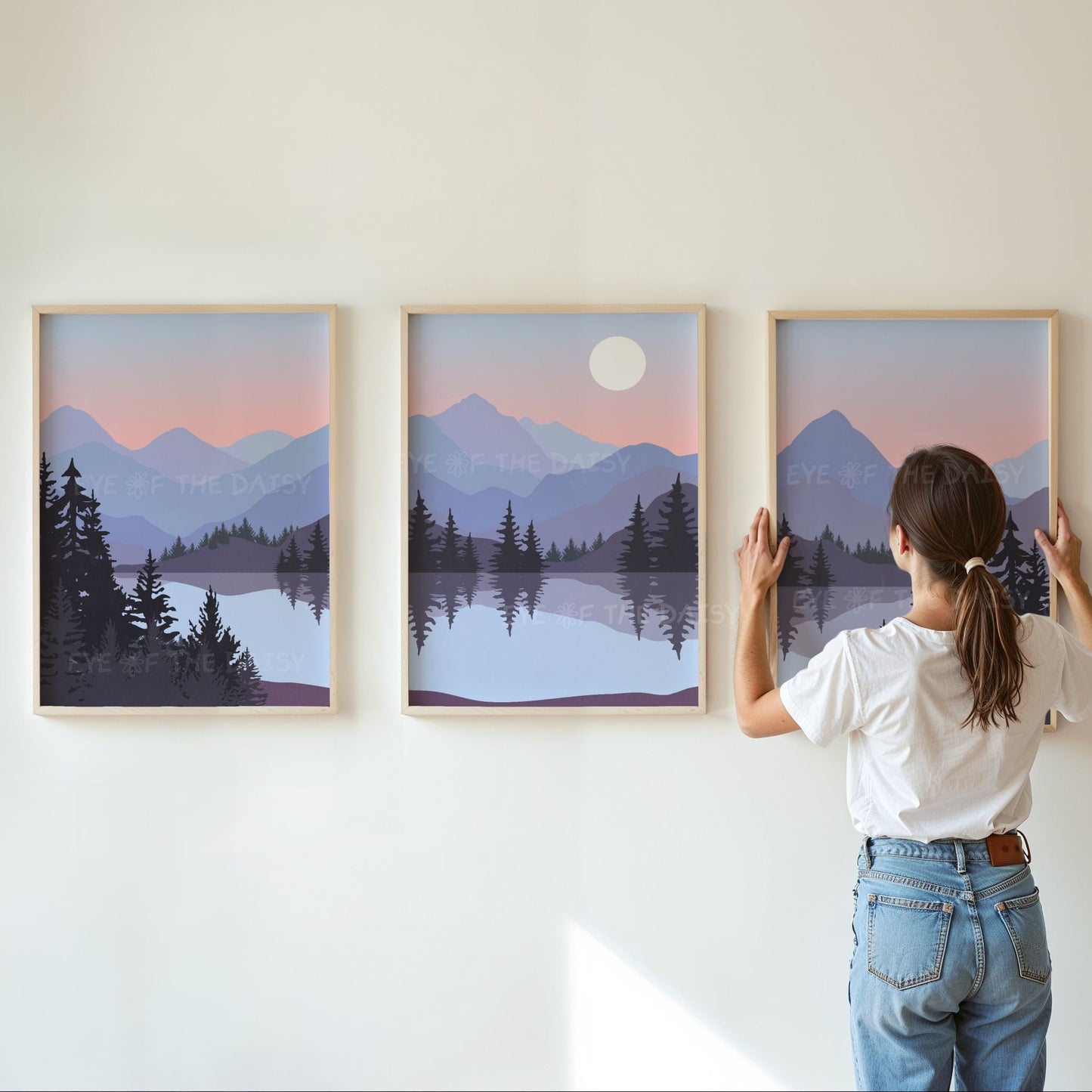 Printable wall art set of three continuous mountain landscape scene with lake and trees in mid century modern style with calming colors