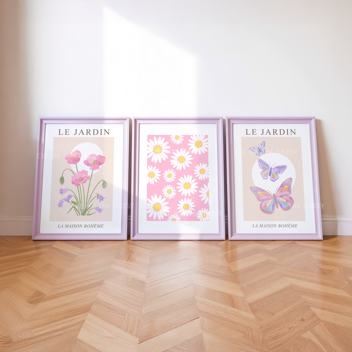 Les Fleurs pastel gallery wall set of 6 printable floral posters with abstract designs in pink, lilac and blue for pretty modern living rooms