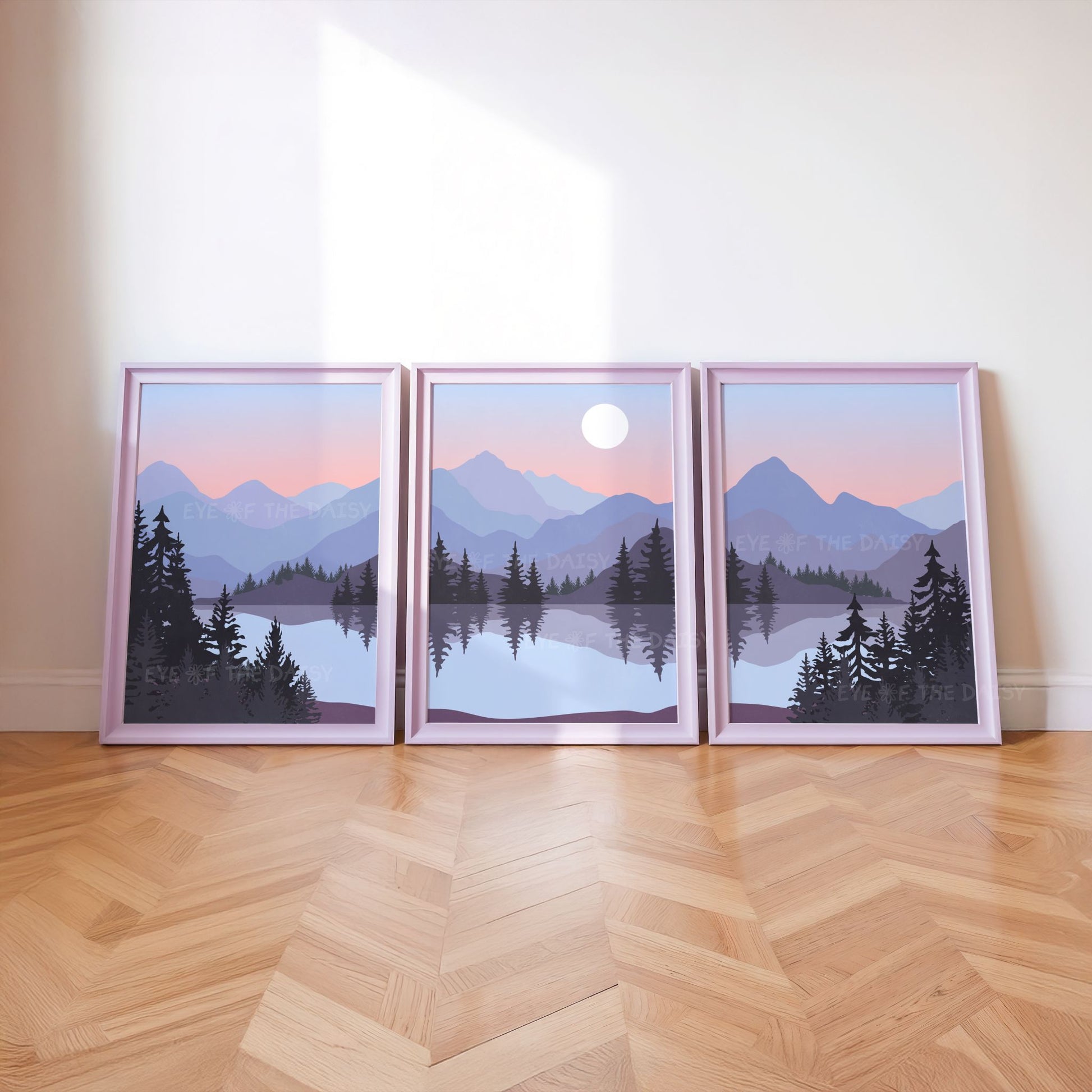 Mid century modern landscape wall art prints set of 3 of mountains, trees and a lake in muted calming color scheme