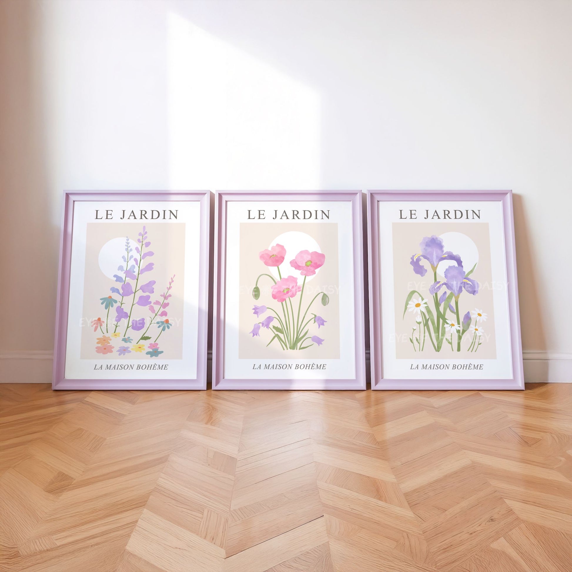 Pastel floral print set of 3 – Le Jardin triptych wall art in soft pink, lilac, and beige, printable botanical decor for baby girl nursery