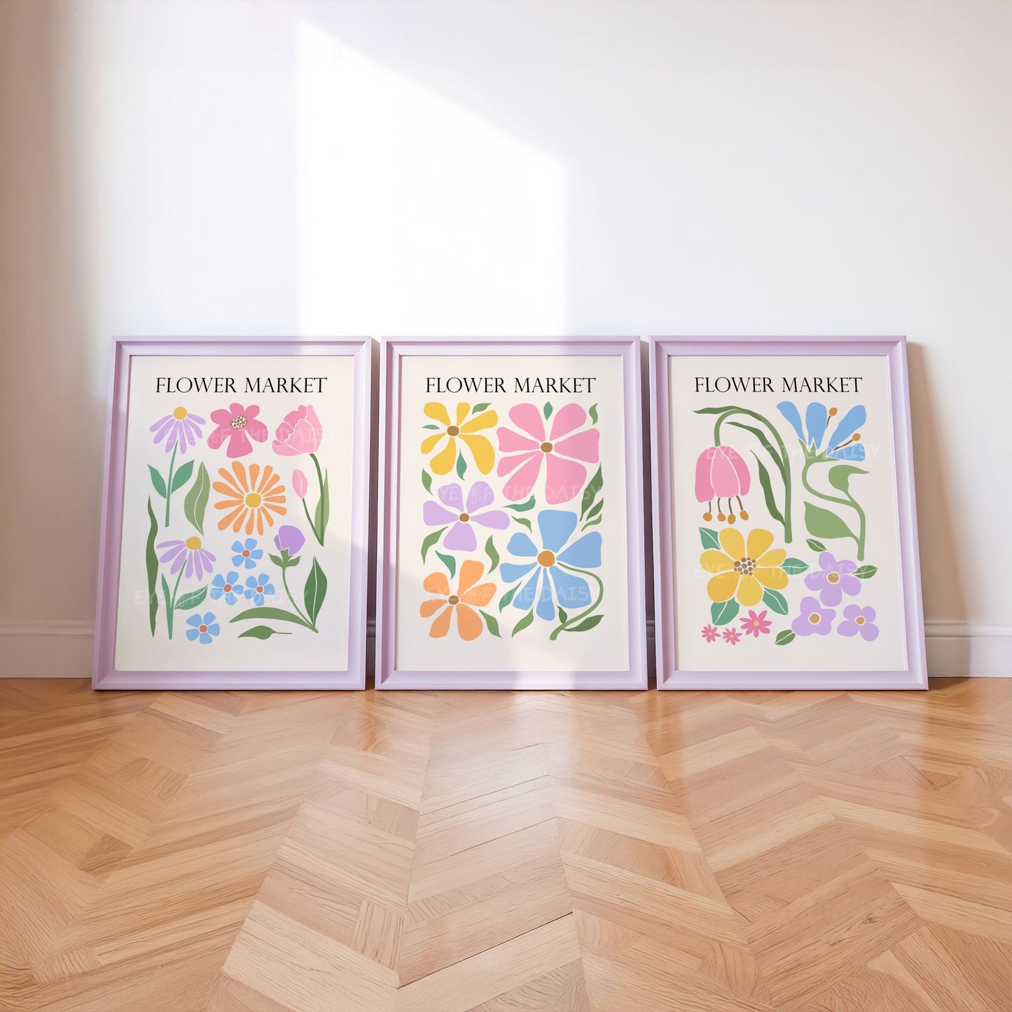 Flower Market pastel print set – set of 3 botanical wall art posters, colorful whimsical floral wall decor, perfect for kids’ room decor