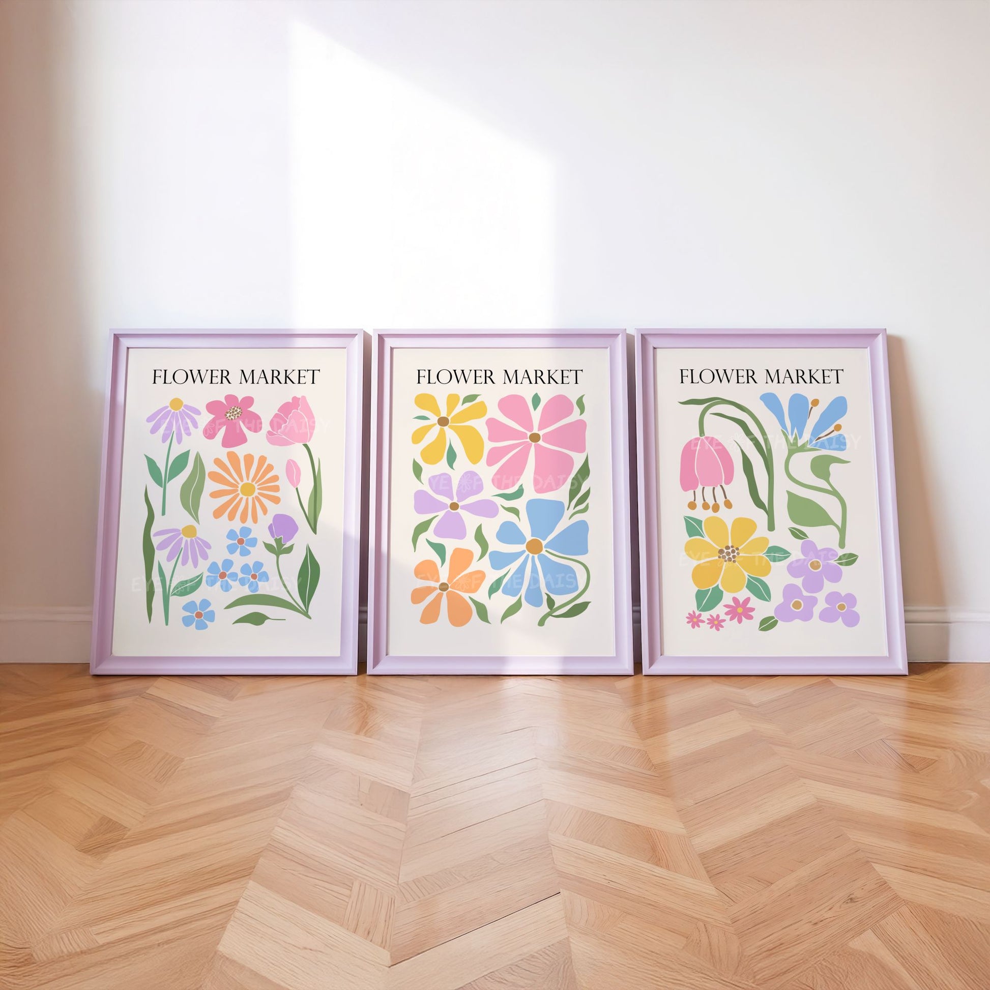Flower Market pastel print set – set of 3 botanical wall art posters, colorful whimsical floral wall decor, perfect for kids’ room decor