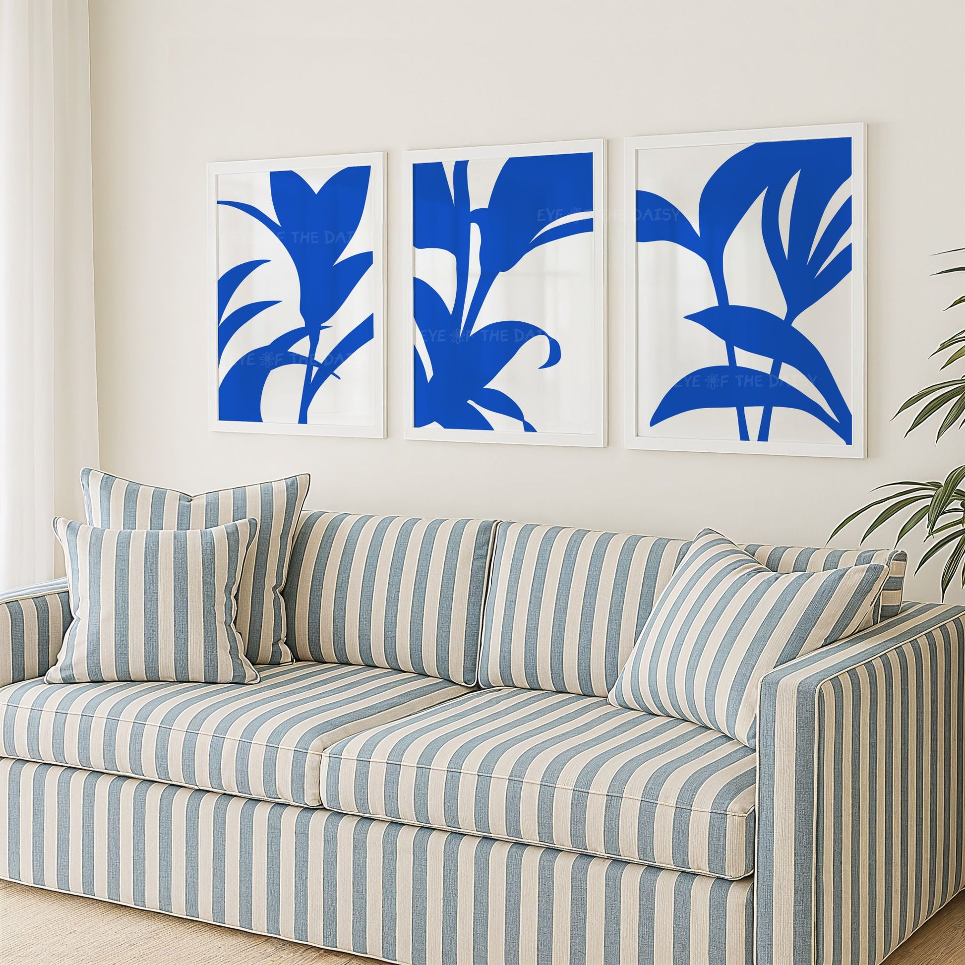 Eclectic abstract botanical print set in vibrant blue & white, printable wall art download perfect for Scandi living room gallery wall