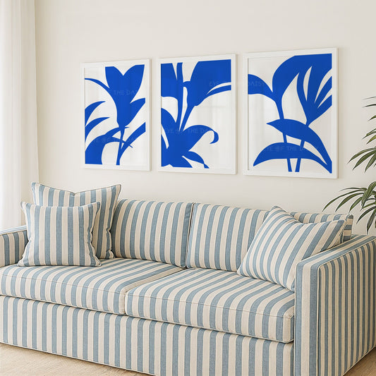 Eclectic abstract botanical print set in vibrant blue & white, printable wall art download perfect for Scandi living room gallery wall