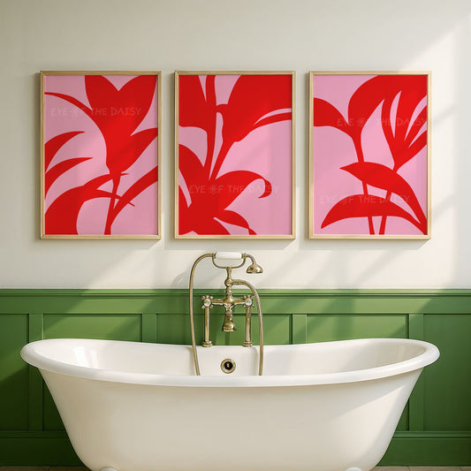 Vibrant pink red abstract botanical printable wall art set of 3 — digital download, perfect quirky living rooms or bathrooms