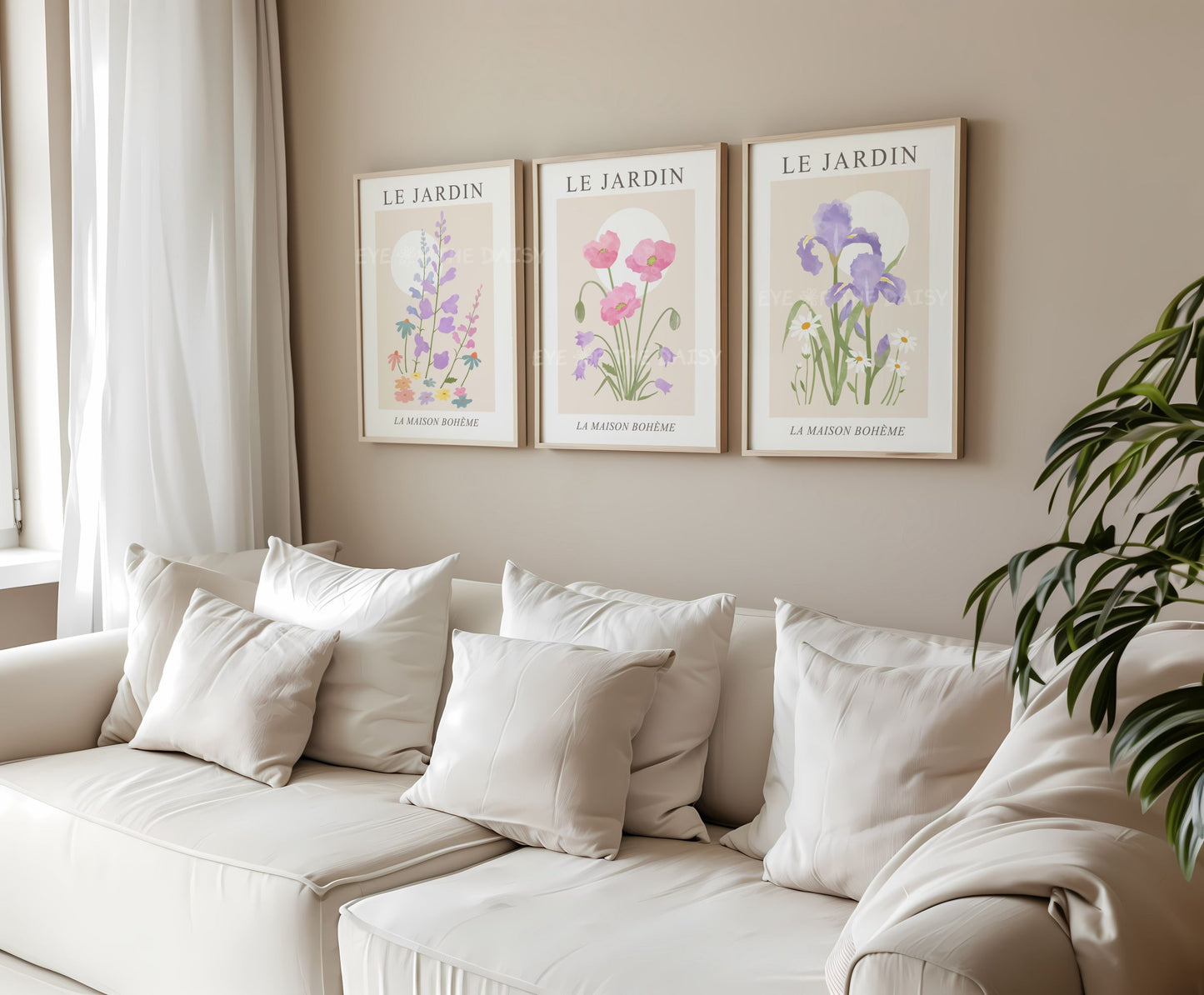 Printable Le Jardin pastel floral wall art – pink, lilac, and beige botanical triptych, French-inspired gallery wall for home office decor