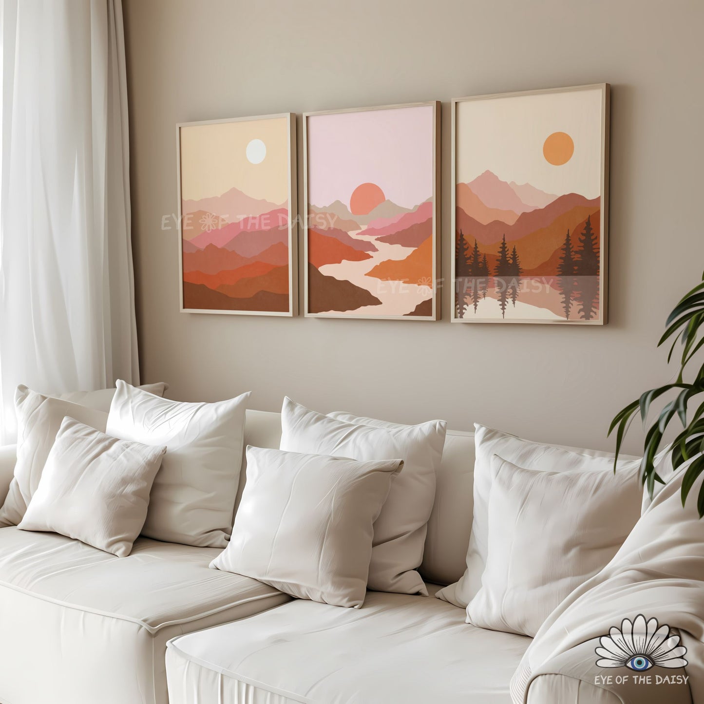 Warm tone landscape print set of 3, boho landscape printable gallery wall art set in warm earth tones