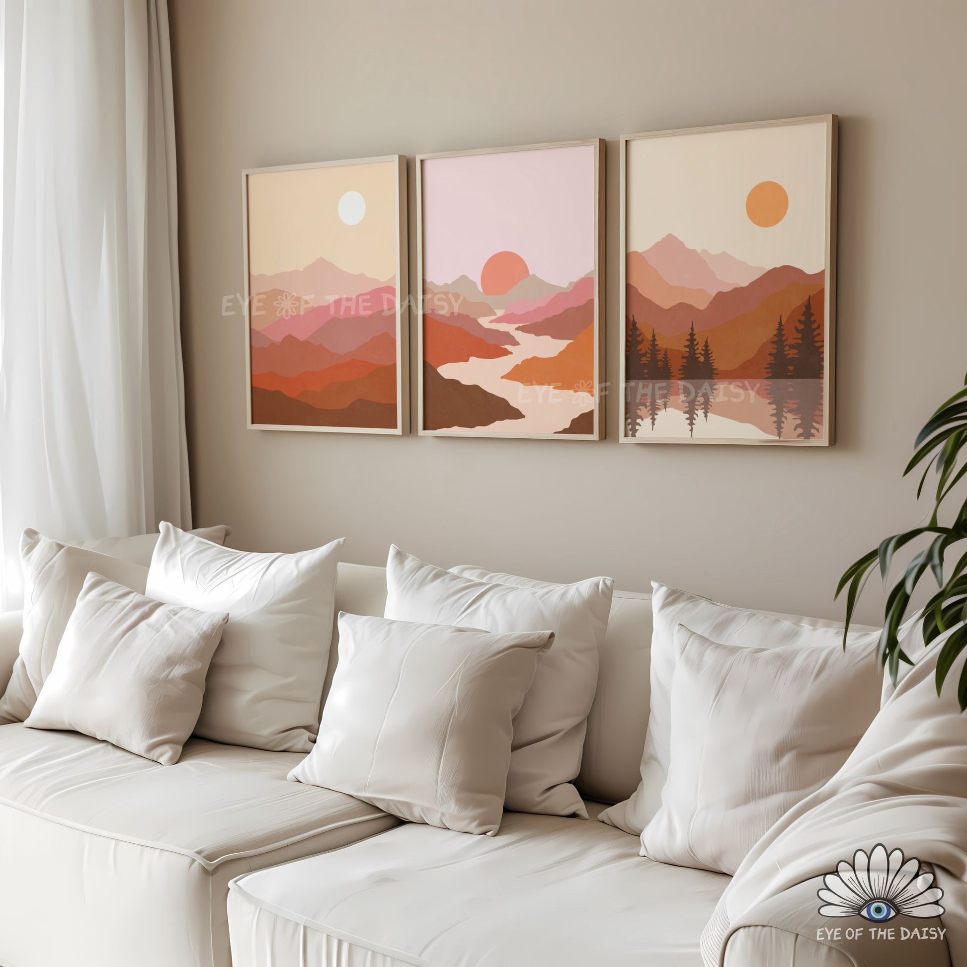 Warm tone landscape print set of 3, boho landscape printable gallery wall art set in warm earth tones