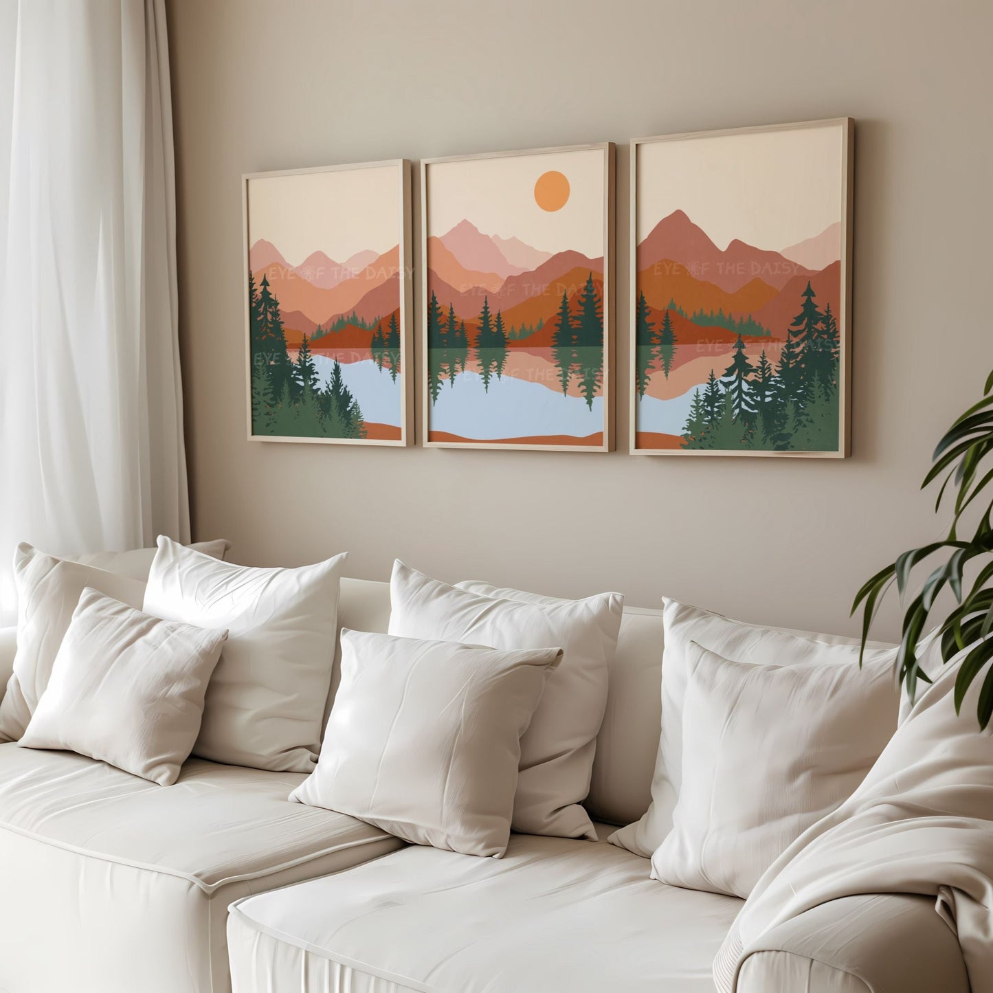 Set of 3 digital art prints of a boho mid century modern mountain landscape scene with trees and a river, perfect for a boho living room