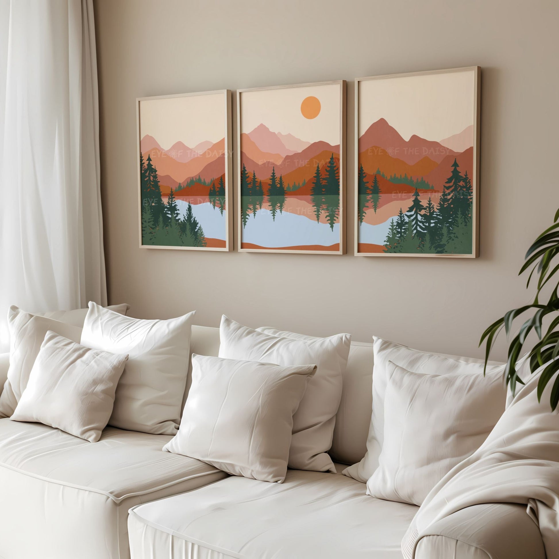 Set of 3 digital art prints of a boho mid century modern mountain landscape scene with trees and a river, perfect for a boho living room