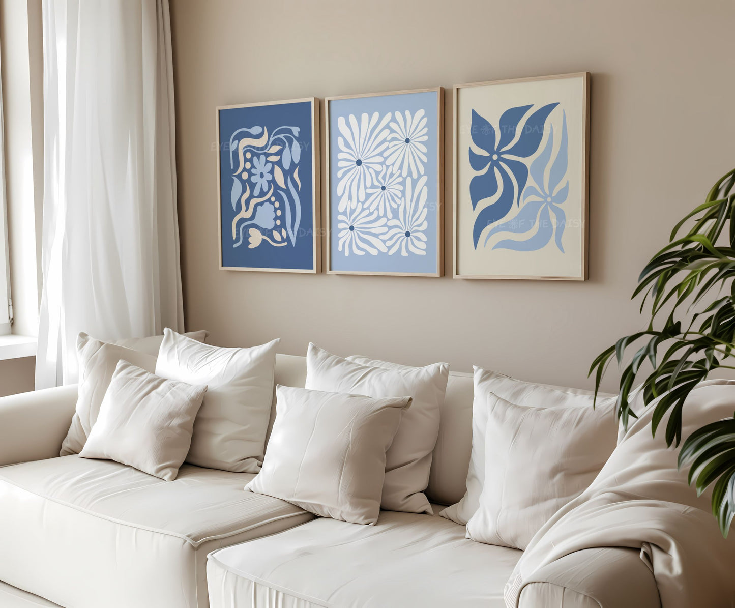 Modern botanical print set of 4 in navy and beige – abstract floral cut-out shapes, printable wall art for stylish contemporary living room decor