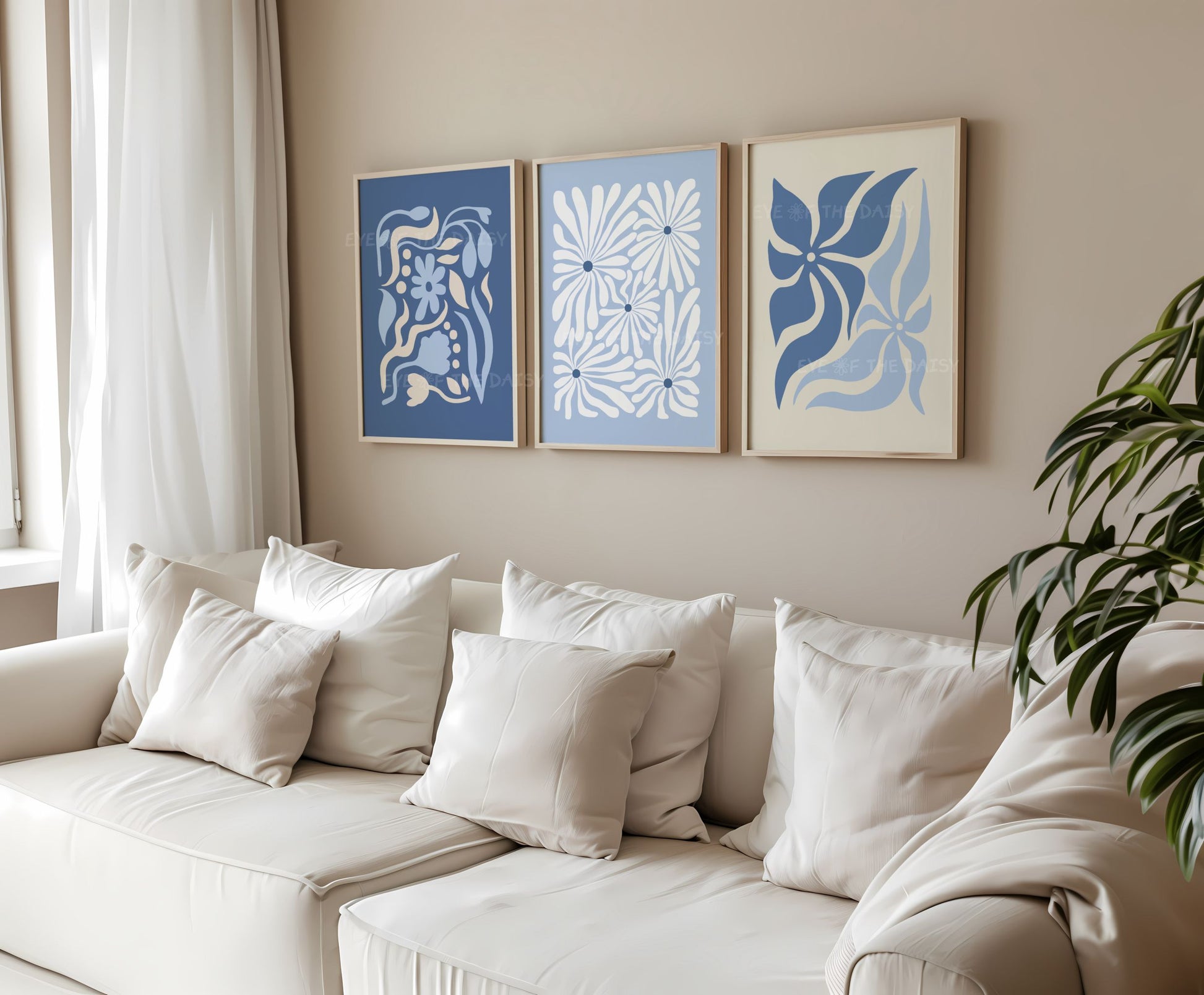 Modern botanical print set of 4 in navy and beige – abstract floral cut-out shapes, printable wall art for stylish contemporary living room decor