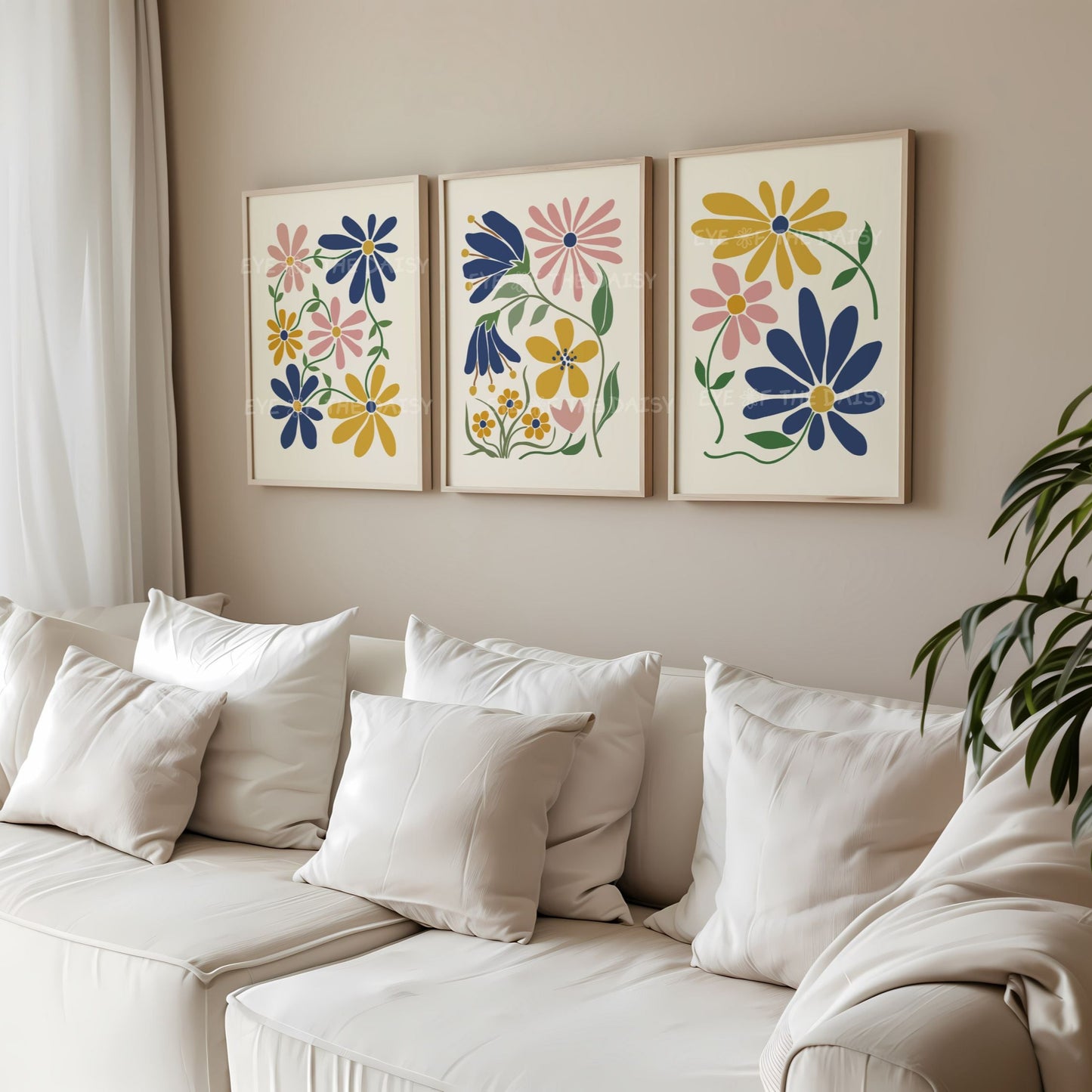 Set of 3 abstract botanical art prints with mustard yellow, navy blue and blush pink flowers on beige great for a beige living room