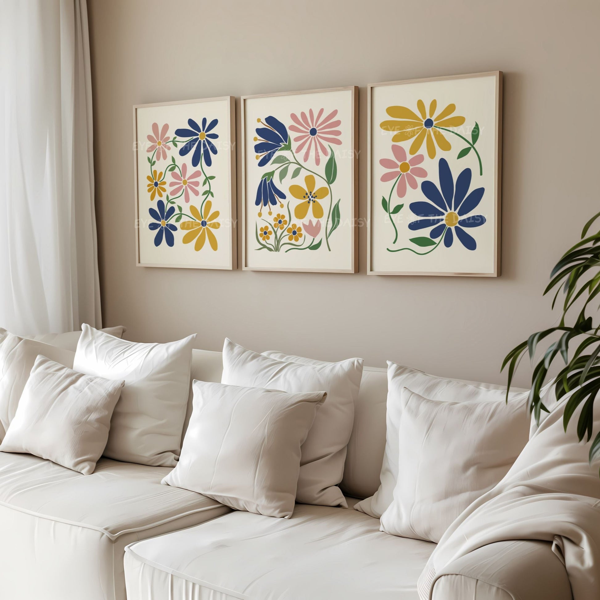 Set of 3 abstract botanical art prints with mustard yellow, navy blue and blush pink flowers on beige great for a beige living room