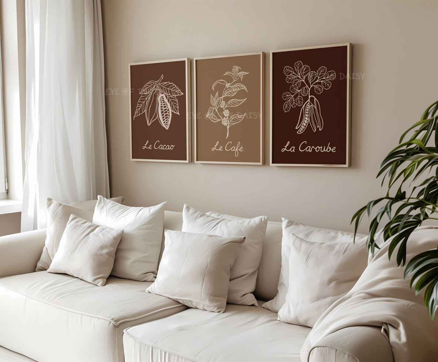 French café style botanical print collection — cocoa, coffee, and carob — for cozy kitchen walls