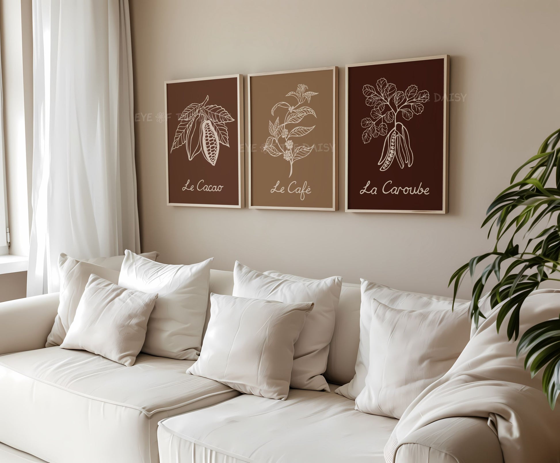 French café style botanical print collection — cocoa, coffee, and carob — for cozy kitchen walls
