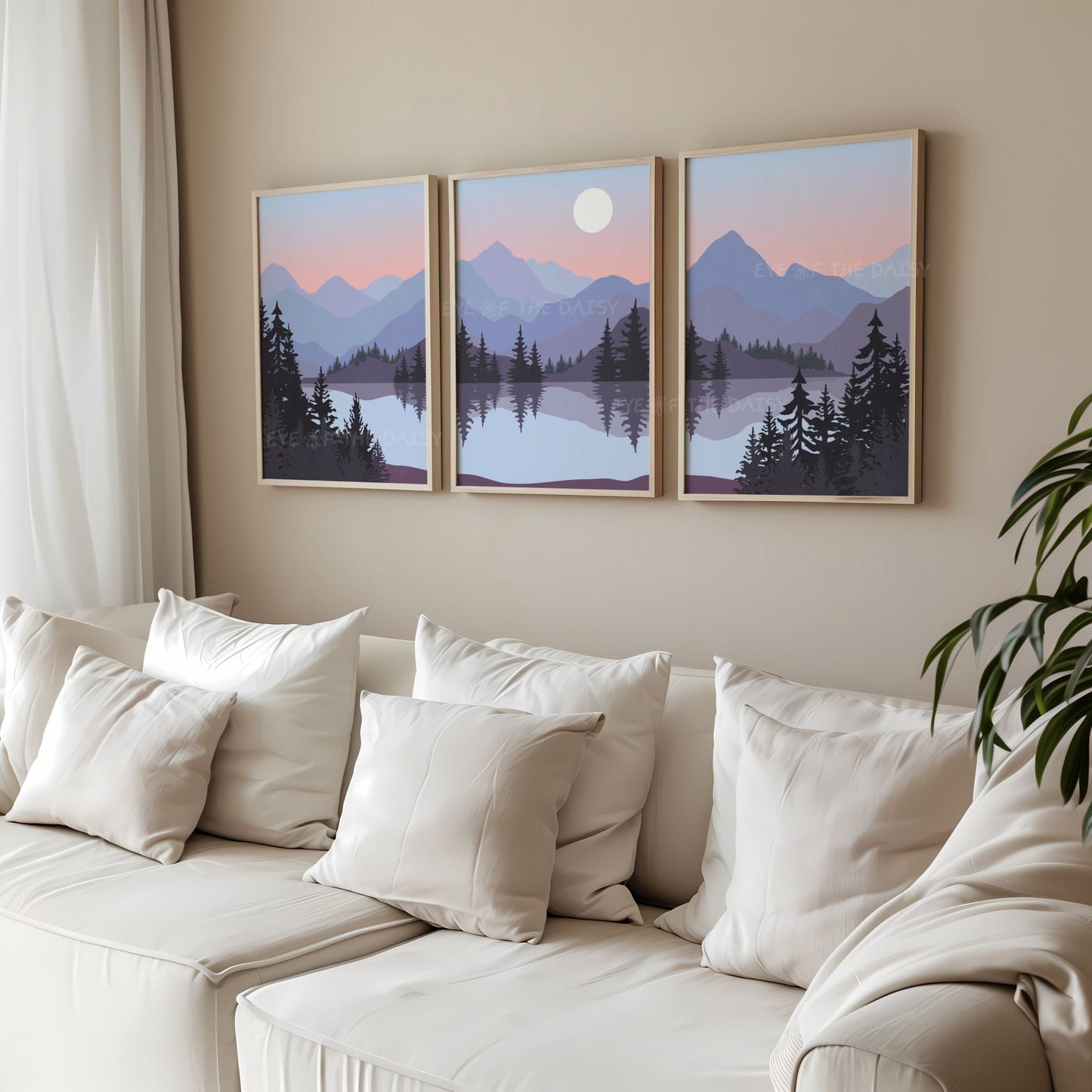 Triptych set of 3 lilac, peach, purple grey minimalist landscape art prints of a mountain scene with trees, lake, for a boho living room
