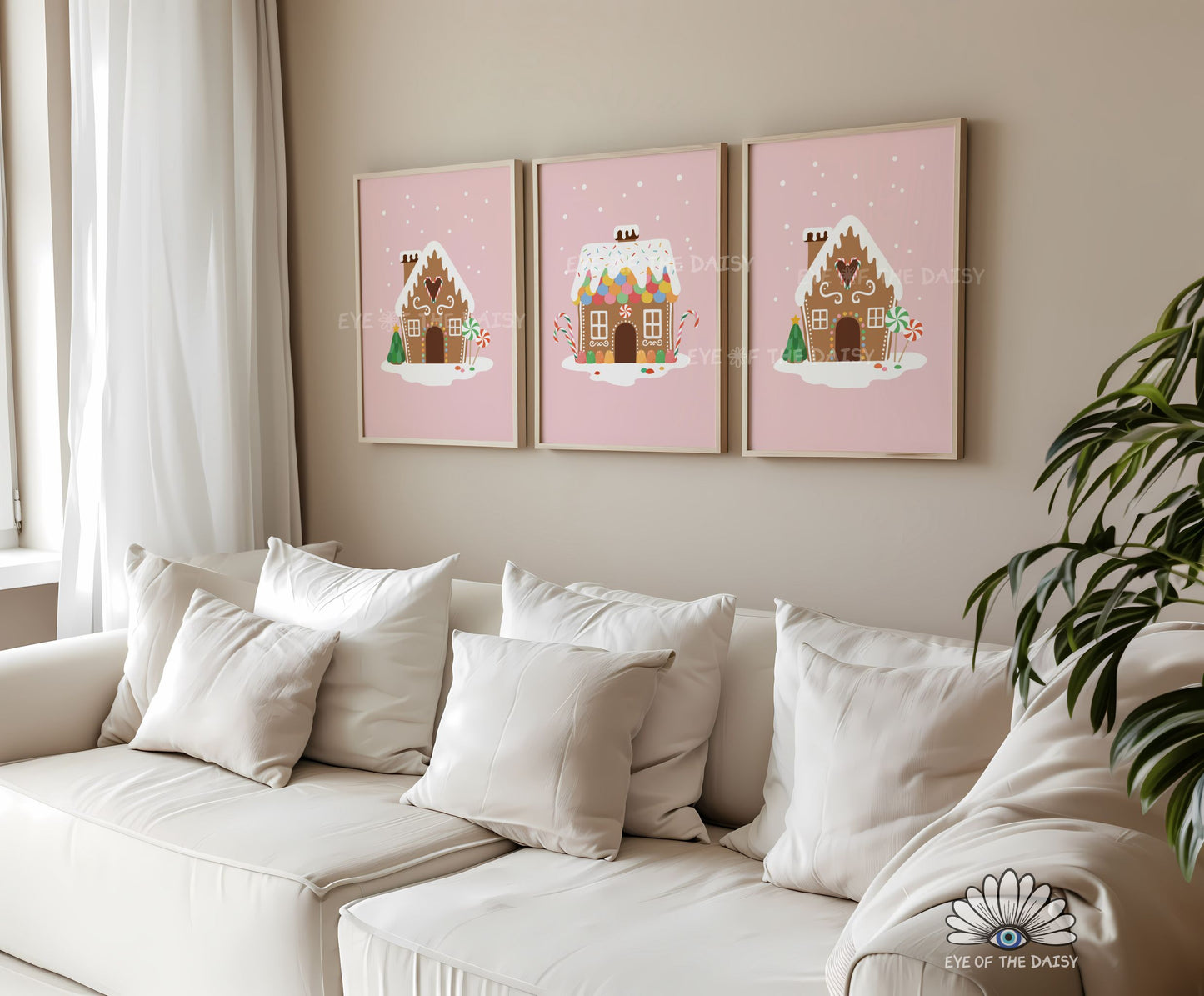 Set of 3 Gingerbread House Prints Digital Download | Pink Christmas Printable Wall Art