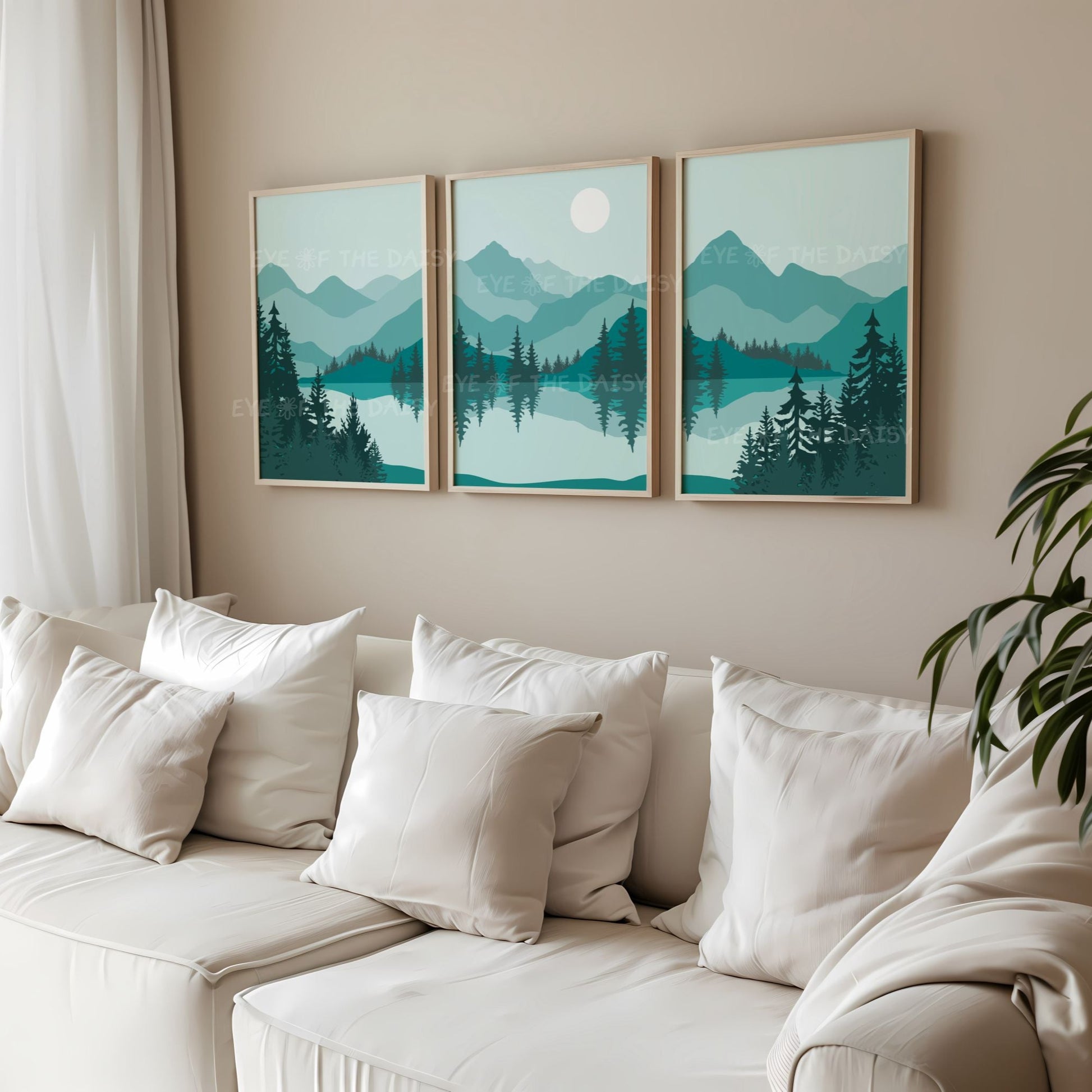 Triptych set of 3 teal blue green minimalist landscape art prints of a mountain scene with trees and a lake in boho style