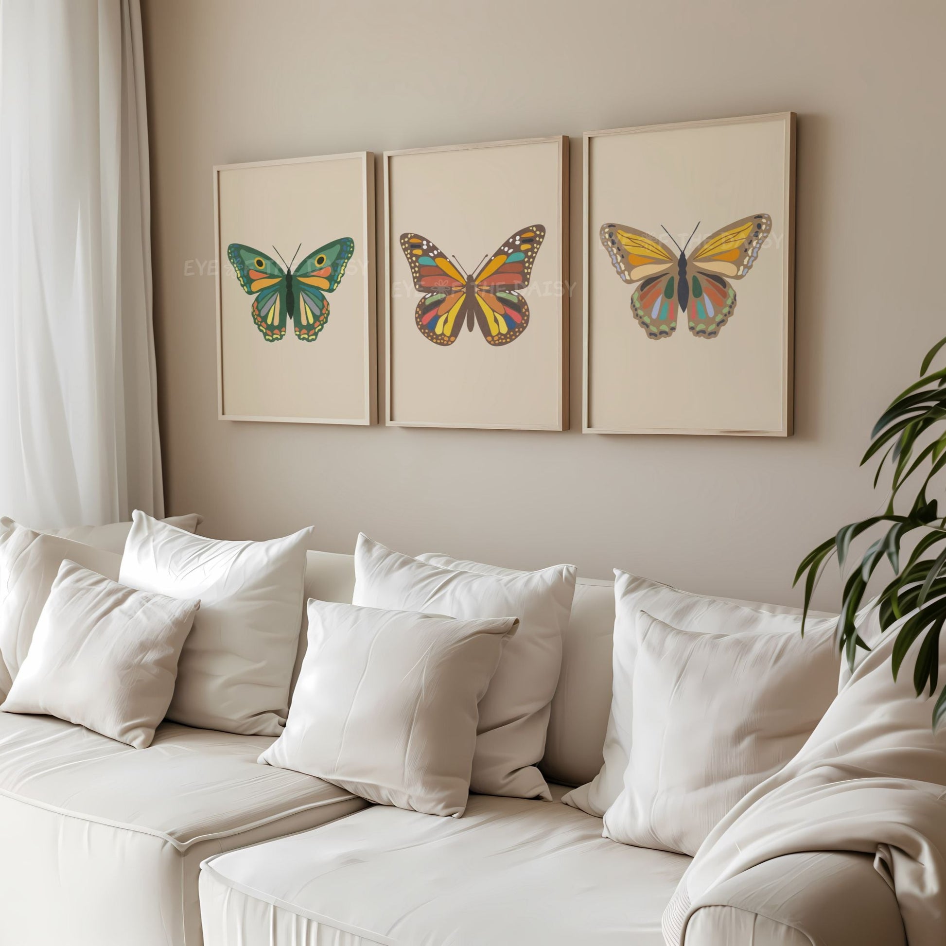 Three piece butterfly print set digital downloads – hand drawn neutral illustrations on beige, perfect for a boho chic living room