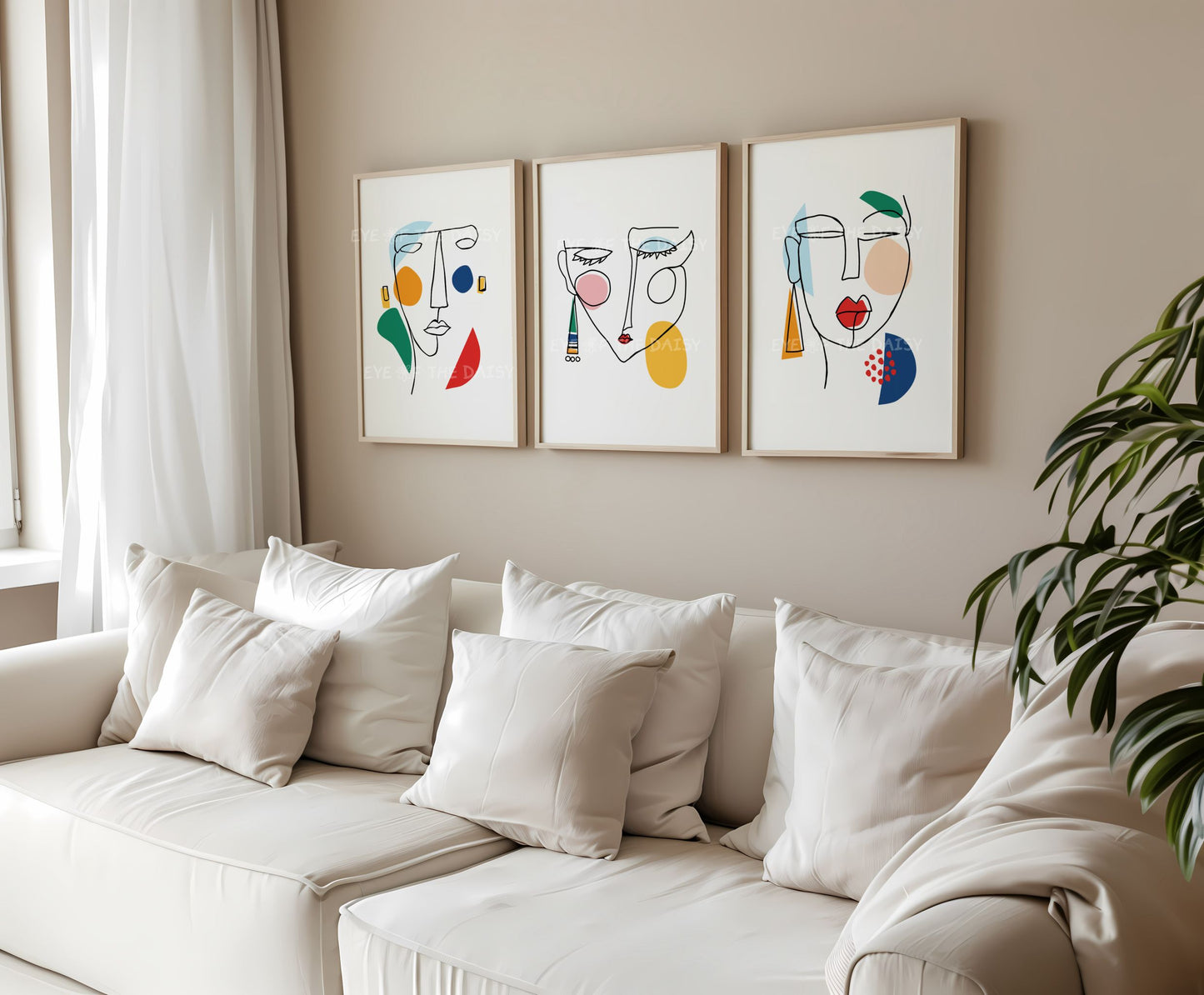 Triptych abstract face print set with black line art and colorful shapes, quirky modern wall art for a vibrant living room or apartment