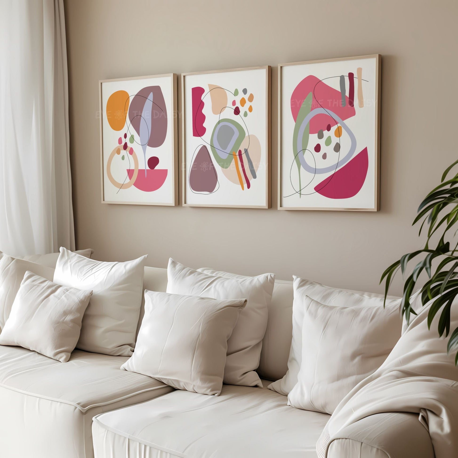 Eclectic abstract shapes art prints in maroon & pink, quirky printable wall art for boho living room or instant download
