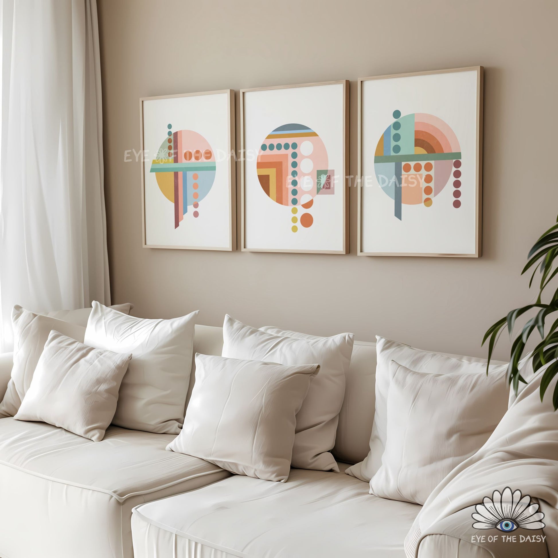 Abstract geometric Bauhaus print set of 3, warm colour printable wall decor
