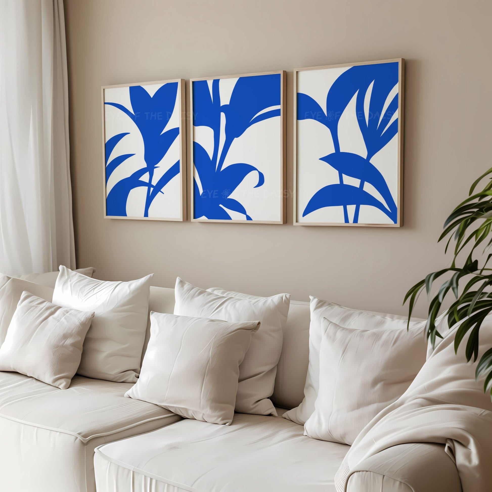 Royal blue abstract leaf print trio, digital wall decor download for modern boho interiors, printable poster set for gallery wall