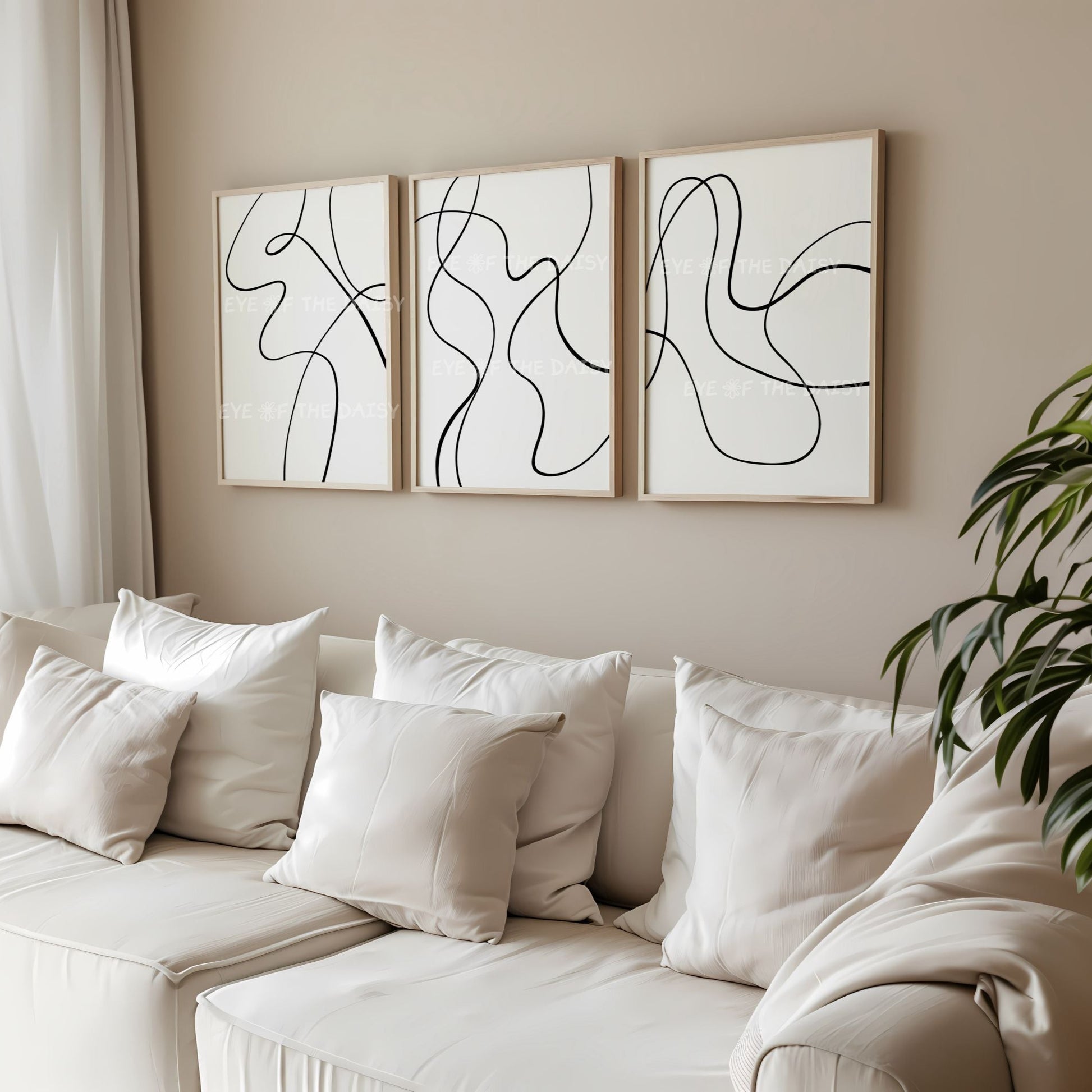 Modern abstract line art poster set of 3 in black and white, printable wall art download for living room gallery wall or home decor