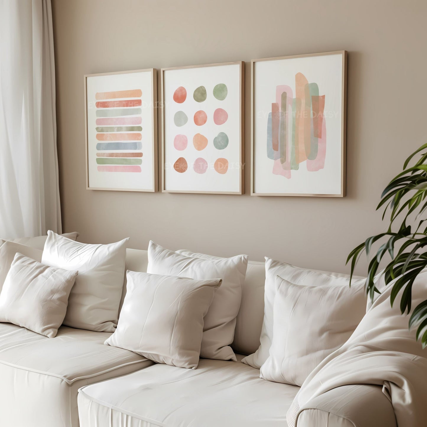 Abstract pastel gallery wall print set — 3 digital watercolor artworks with neutral brushstrokes and shapes, perfect for modern boho interiors