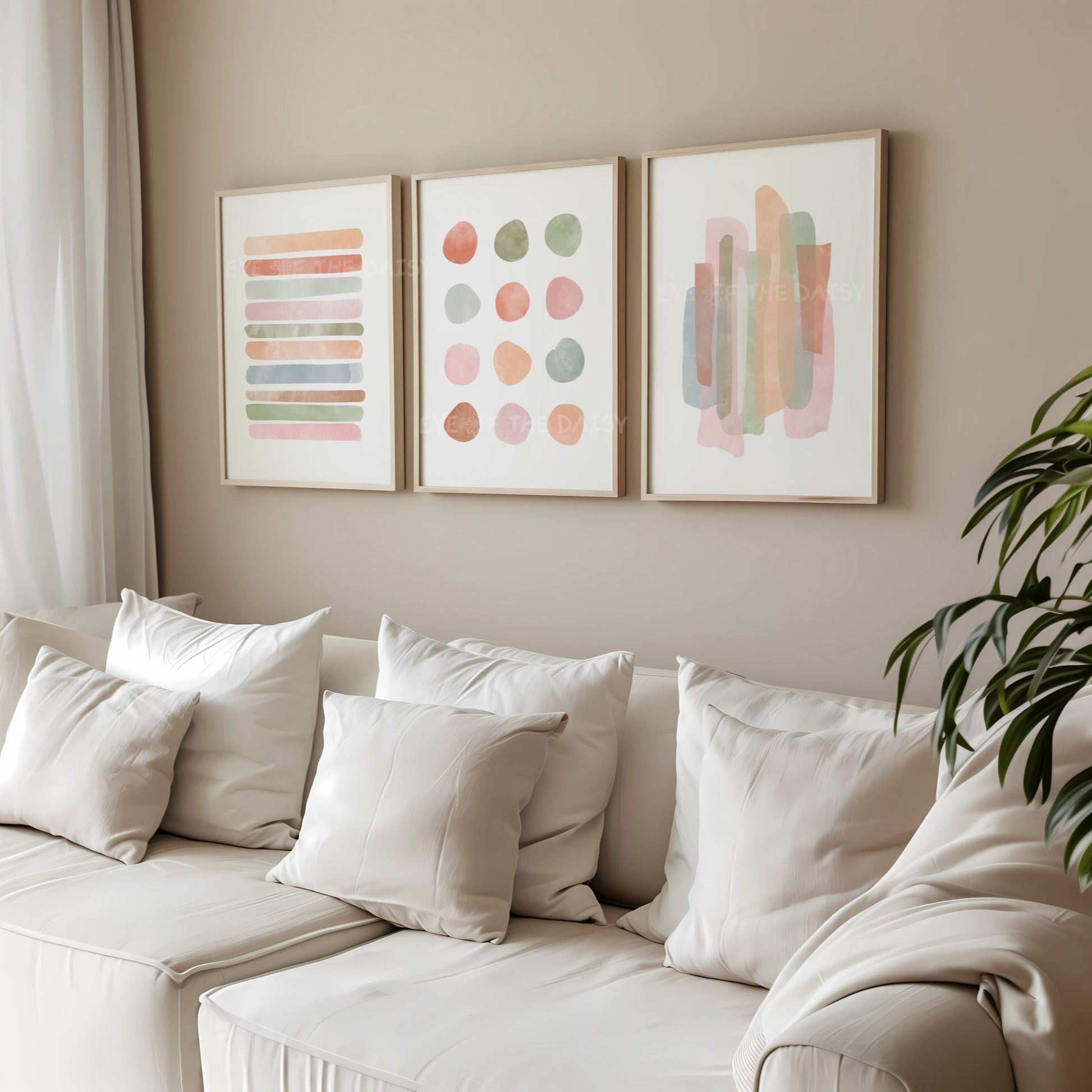 Abstract pastel gallery wall print set — 3 digital watercolor artworks with neutral brushstrokes and shapes, perfect for modern boho interiors