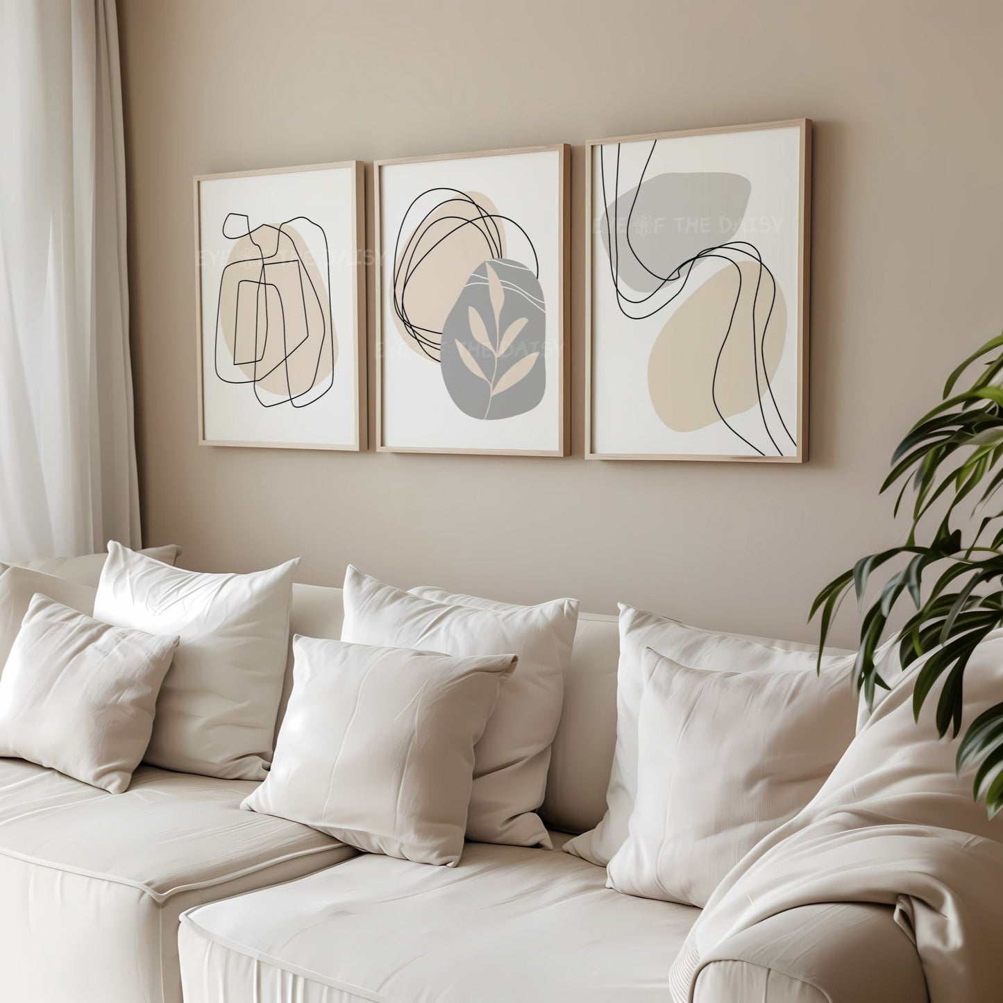 Neutral botanical abstract wall print set of 3 with organic shapes in beige, grey and neutral tone, modern living room gallery wall set
