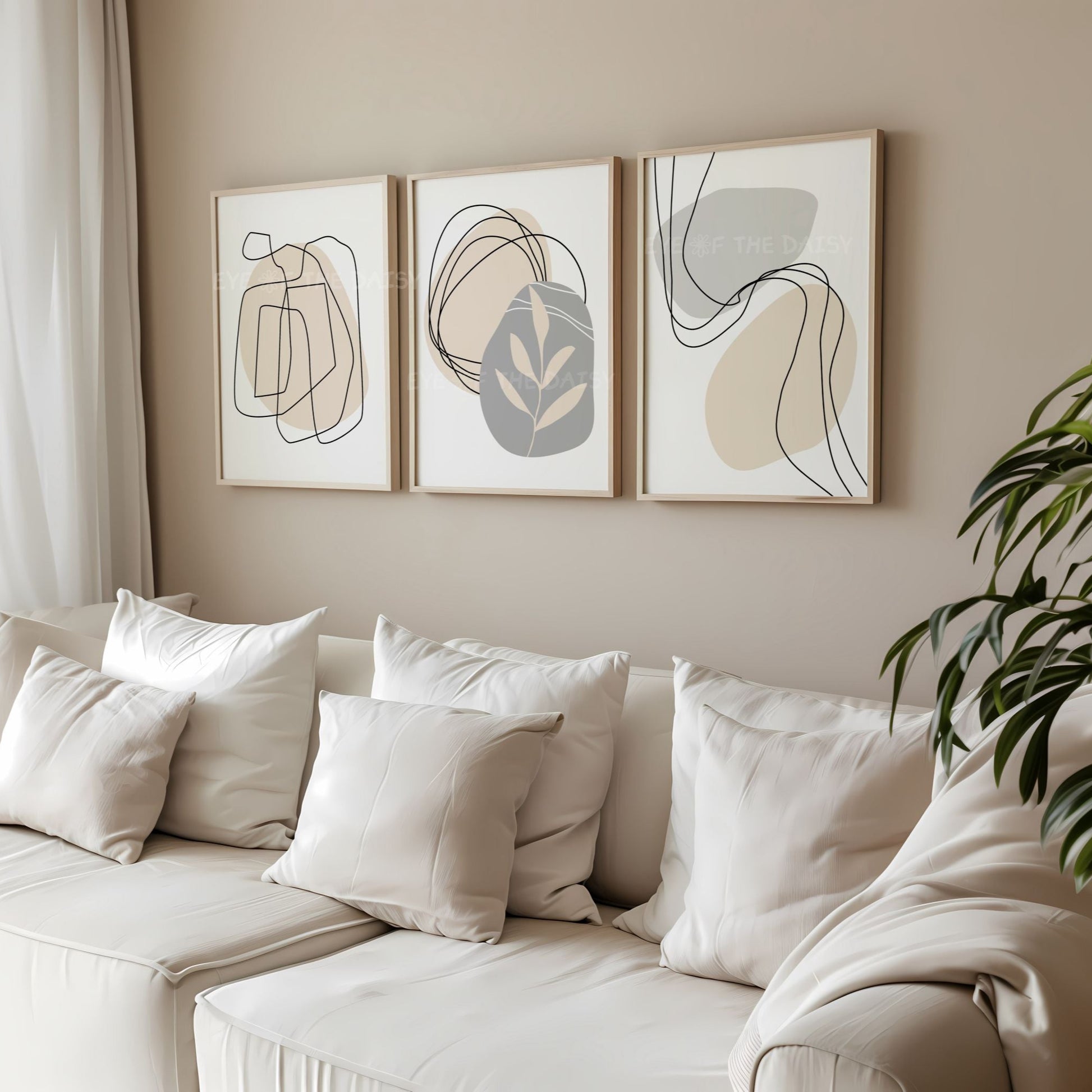 Neutral botanical abstract wall print set of 3 with organic shapes in beige, grey and neutral tone, modern living room gallery wall set
