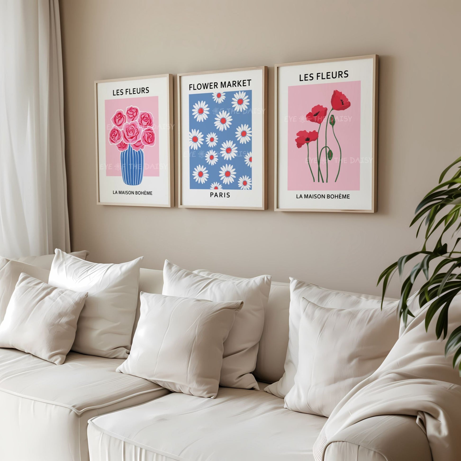 Whimsical floral printable wall art trio — Les Fleurs red, pink and blue prints, digital download ideal for boho living room gallery