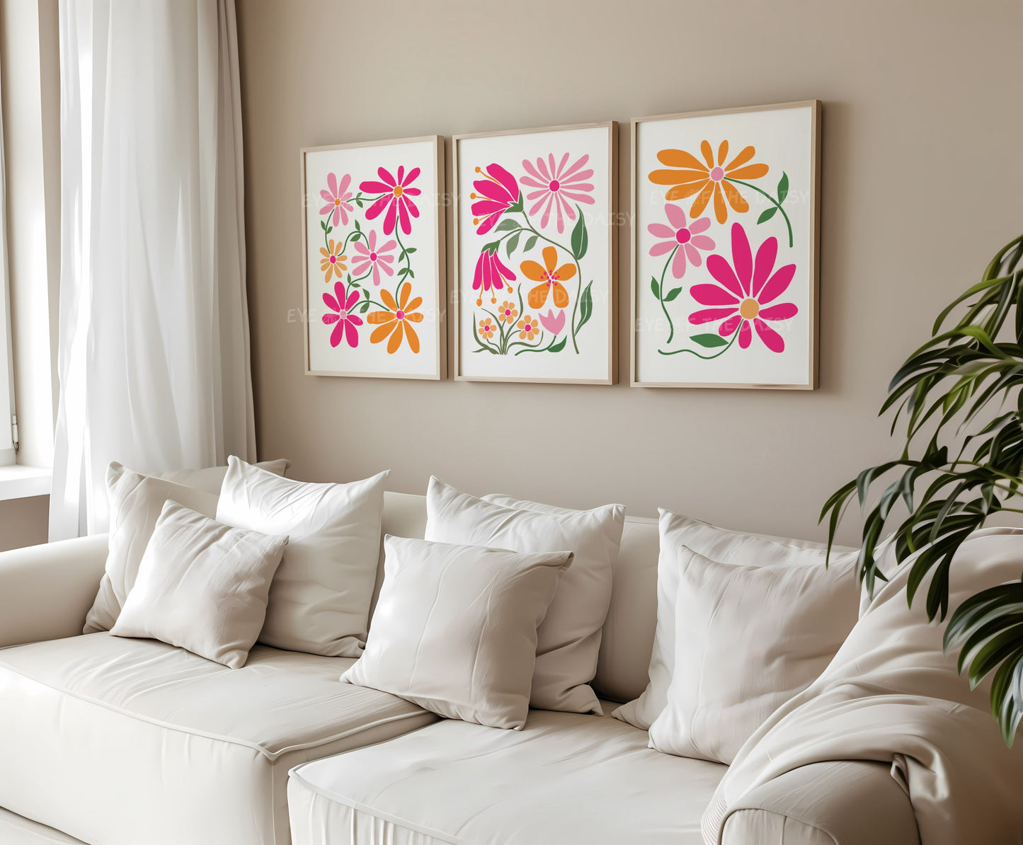 Vibrant flower artwork print set of 3 for girly apartment, hot pink and orange boho wall decor, instant downloadable triptych posters