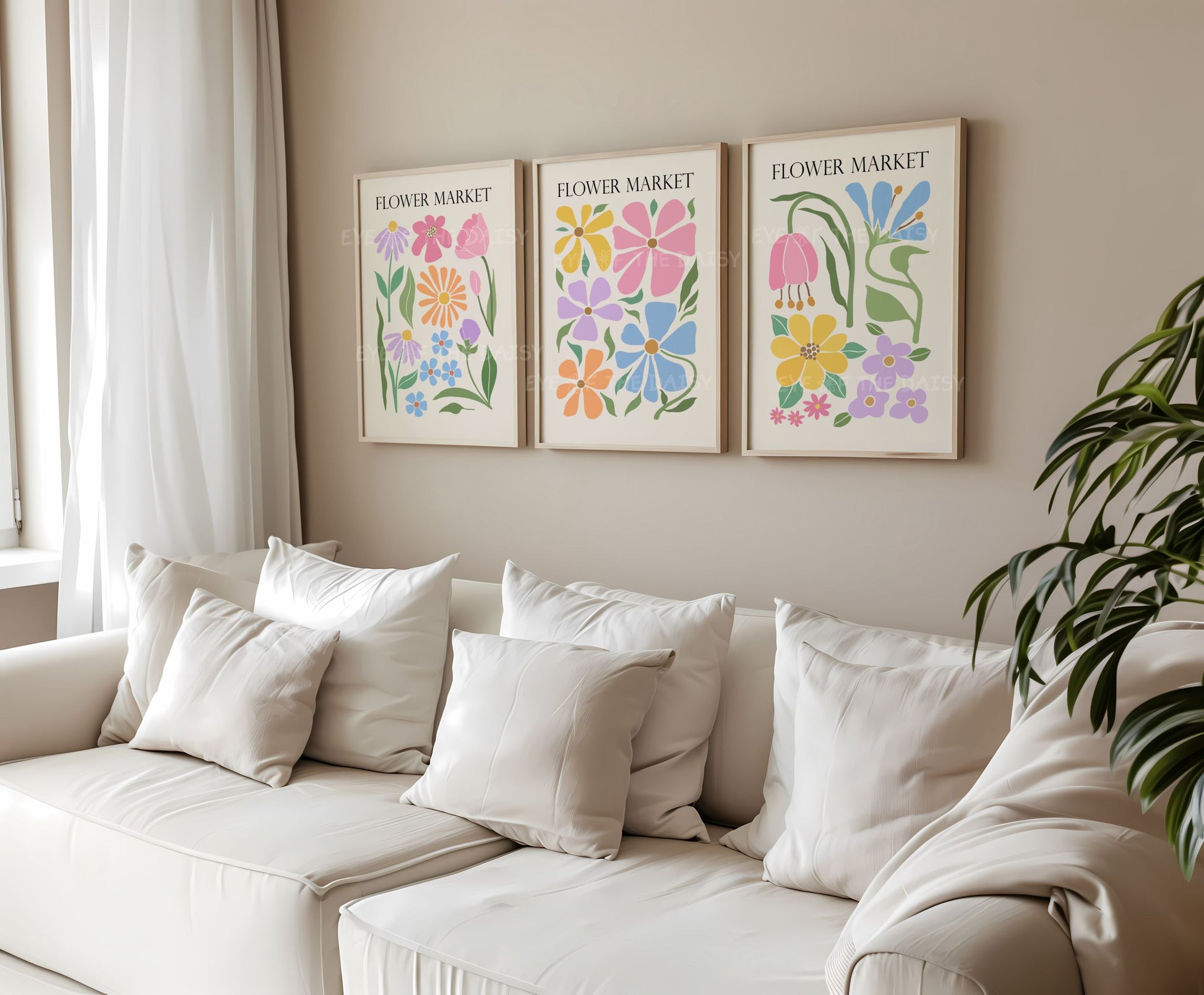 Set of 3 Flower Market prints – pastel rainbow botanical wall art on beige, digital download triptych for vibrant modern living room