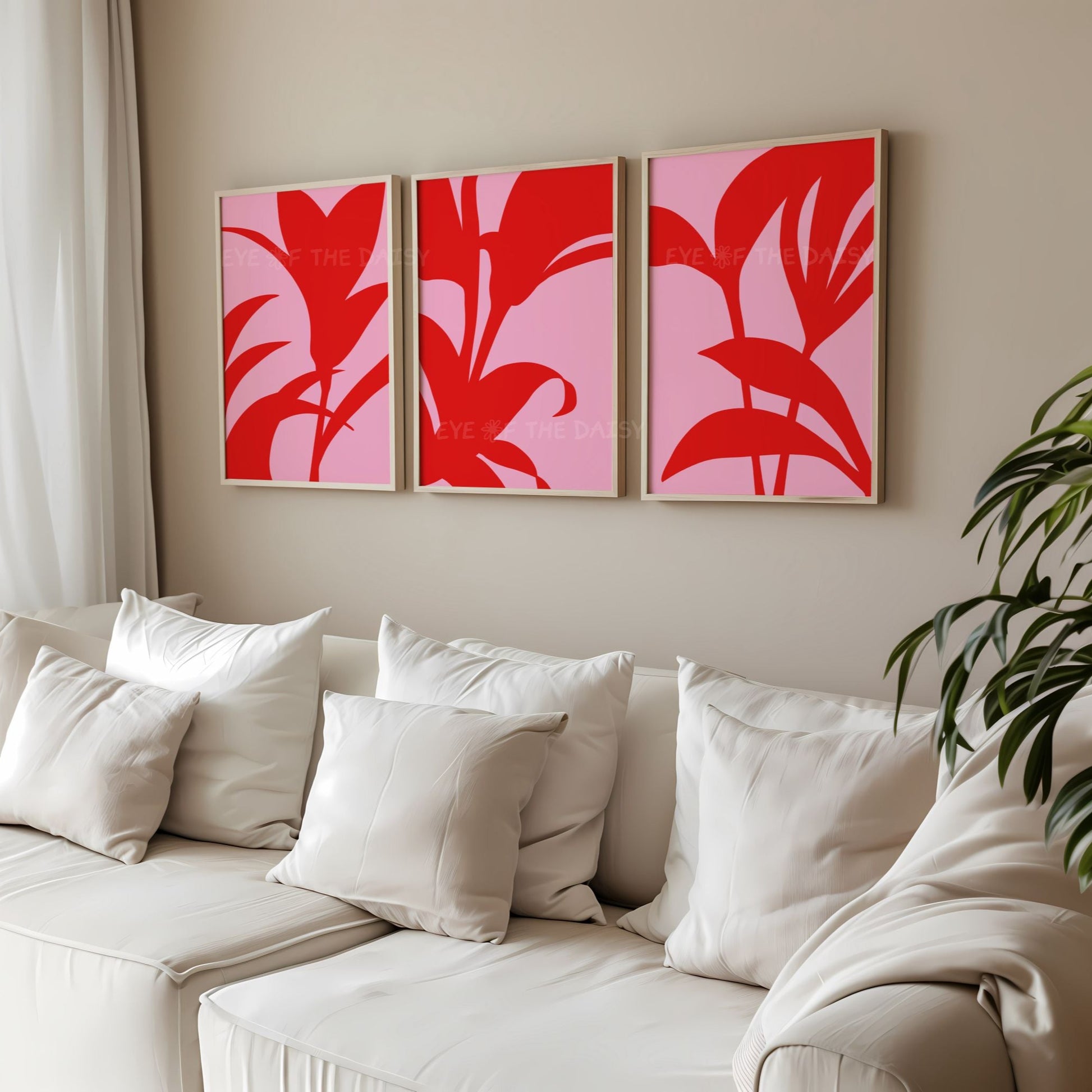 Bright abstract botanical print set of 3 — pink and red abstract leaf printable wall art, trendy wall decor for maximalist living rooms