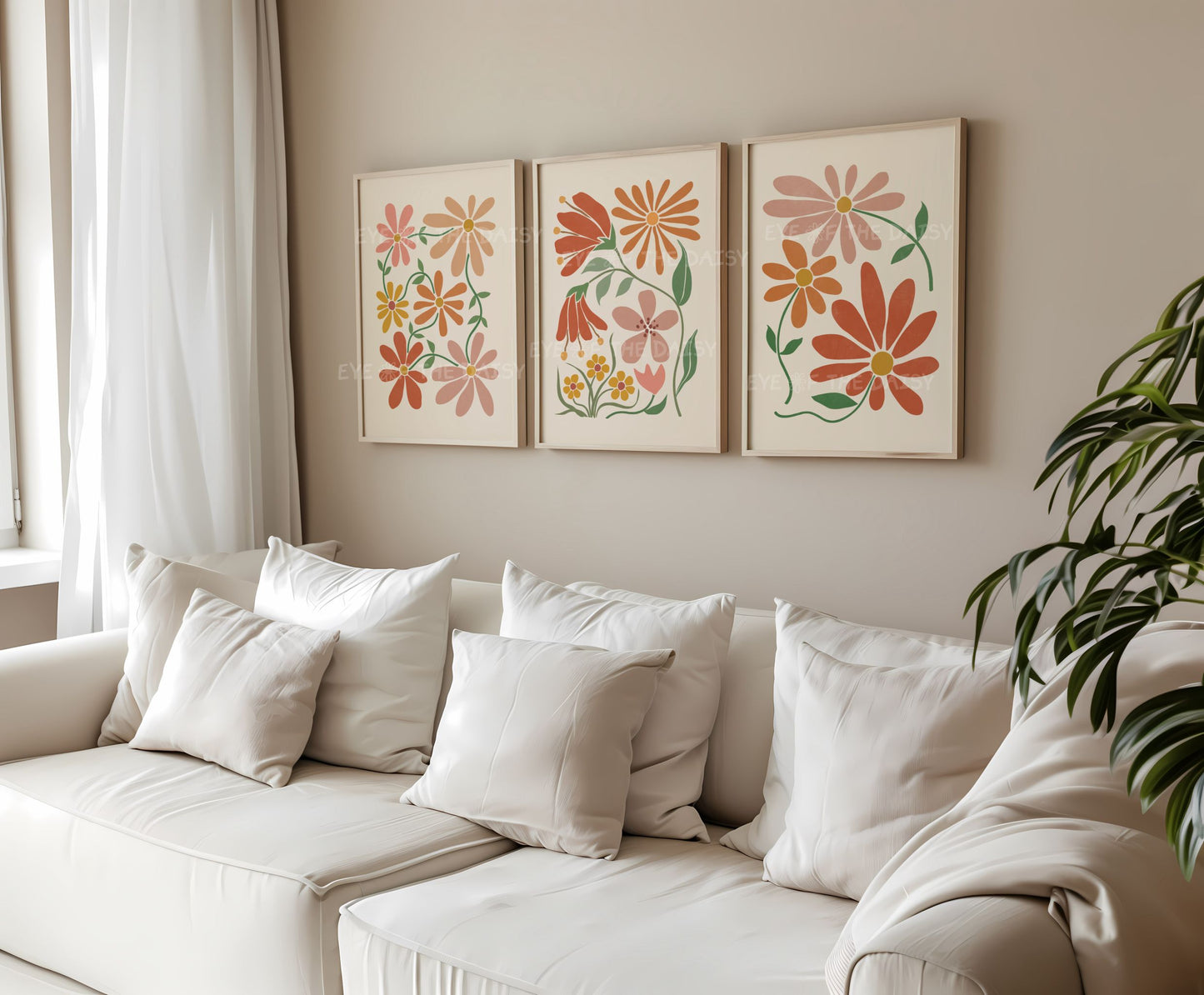 Triptych set of three boho botanical printable wall art prints in earth terracotta rust tones on beige, great living room decor