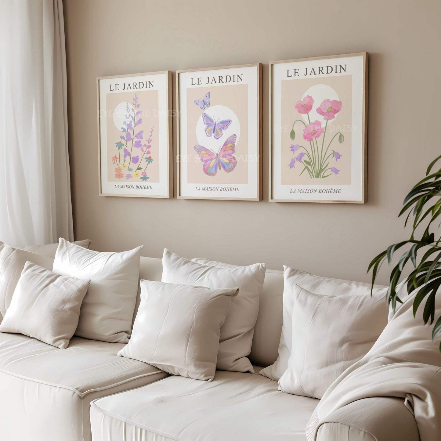 Le Jardin pastel floral triptych – minimalist boho chic gallery wall set, printable French vintage farmhouse botanical art for living room decor